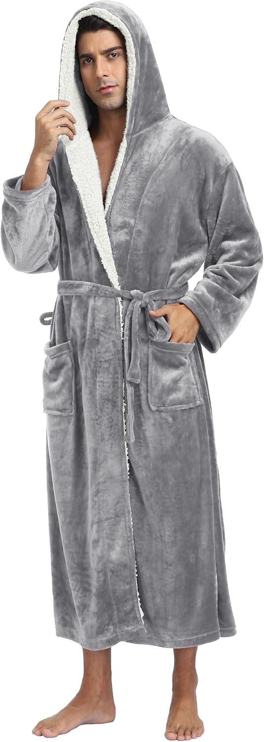 goodmansam Mens Long Flannel Robes with Hood Plush Warm Bathrobes Cozy Spa Robe With Pockets