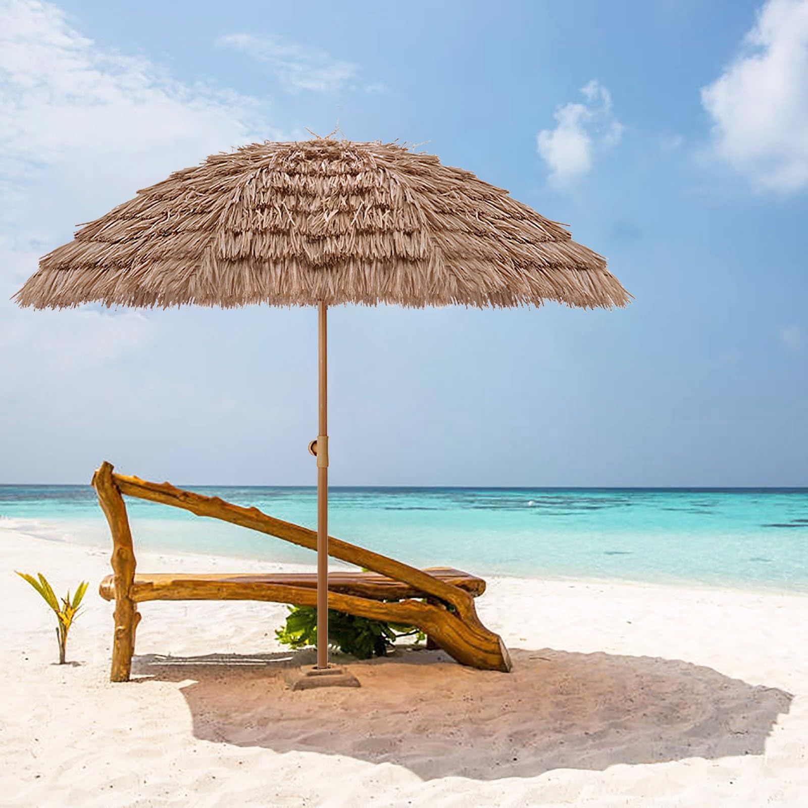 Beach Umbrella For Sand UV Protection Thatched Tiki Umbrella Hawaiian Style Patio Umbrella Tilt Portable Outdoor Umbrella Adjustable Height Table Umbrella With 8 Ribs Market Umbrella Waterproof(Size:2