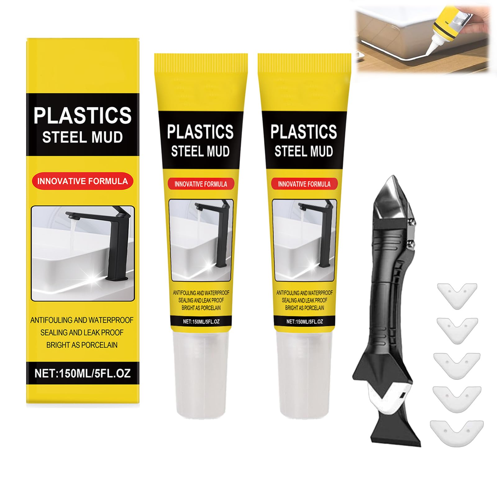 Multifunctional Waterproof White Caulk with Scraper, Waterproof Stronger Adhesion Caulking Sealant, Gap Spackle, Heat-resistant Sealant Kit for Kitchen & Bathroom (2pcs)