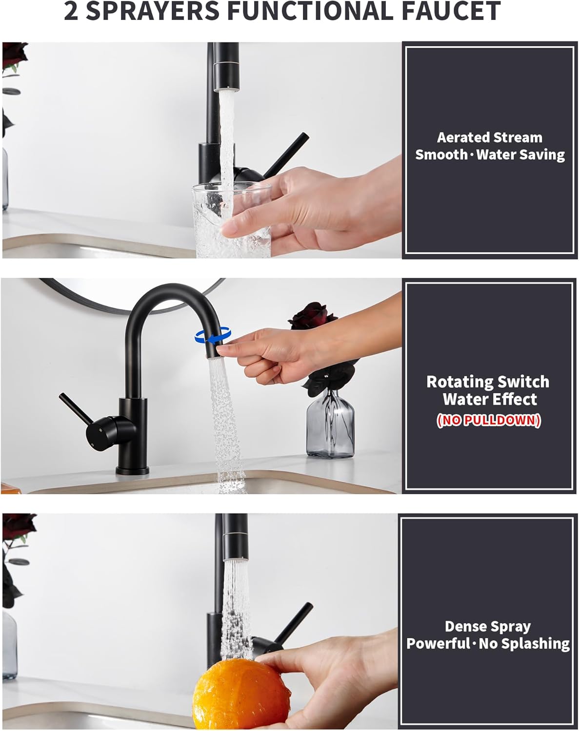 Tohlar Black Bathroom Sink Faucet, Single Hole Bathroom Faucet with Sprayer, RV Vanity Small Kitchen Faucet with 360° Rotation Spout, Matte Black Bar Sink Faucet with Pop Up Drain, 24” Supply Hoses