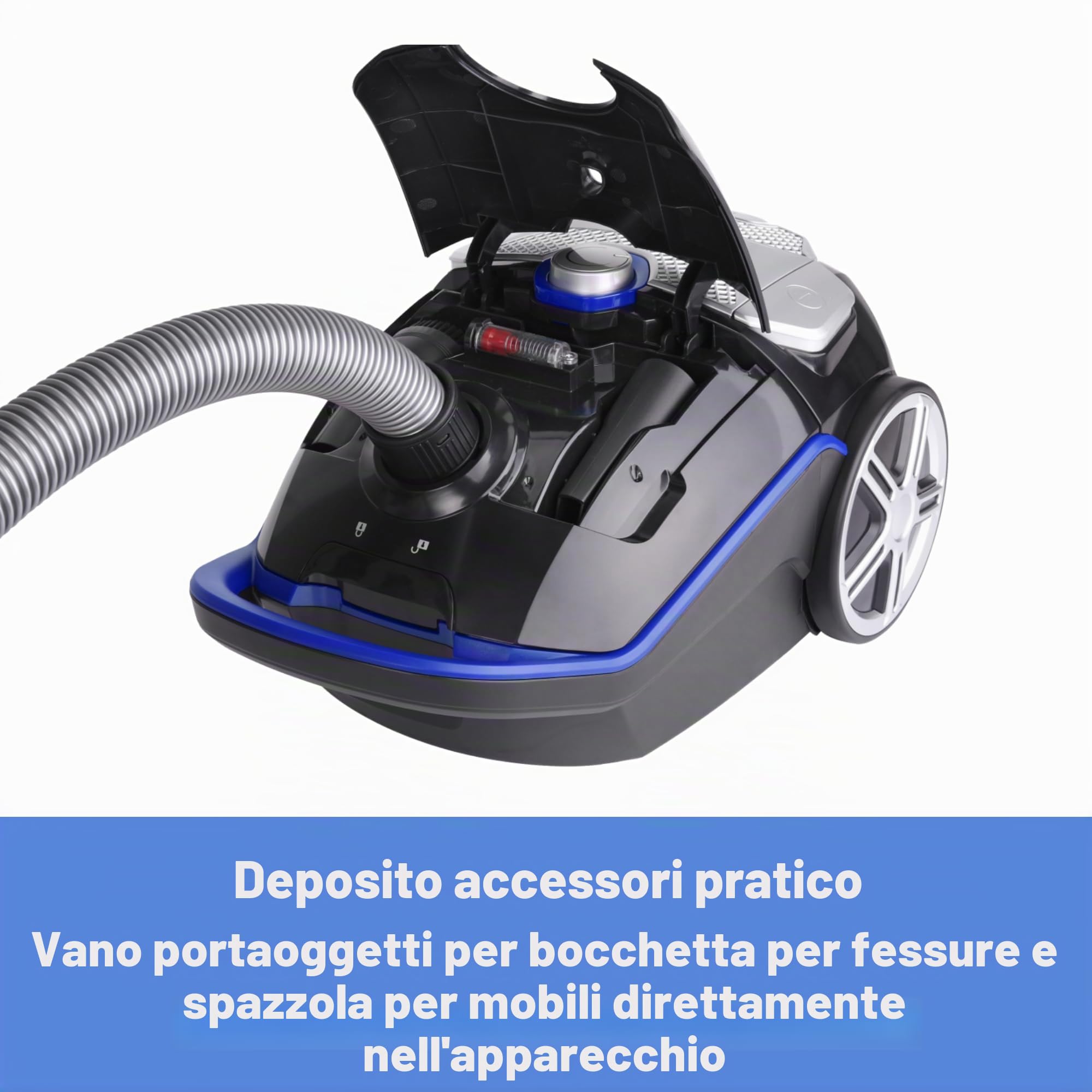 Fakir Blue Vac Power TS 721 - Aspirapolvere con sacchetto, 800 W, con cavo, filtro HEPA H14, motore ad alta efficienza da 69 dB(A), grande sacchetto da 3 l e raggio d'azione di 12 m, colore: Nero/Blu