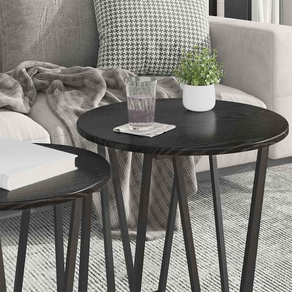 Juego de 2 mesas auxiliares de roble negro con marco de metal, mesas de centro redondas para salón y dormitorio, prácticos estantes para bebidas, libros, decoración junto al sofá o cama