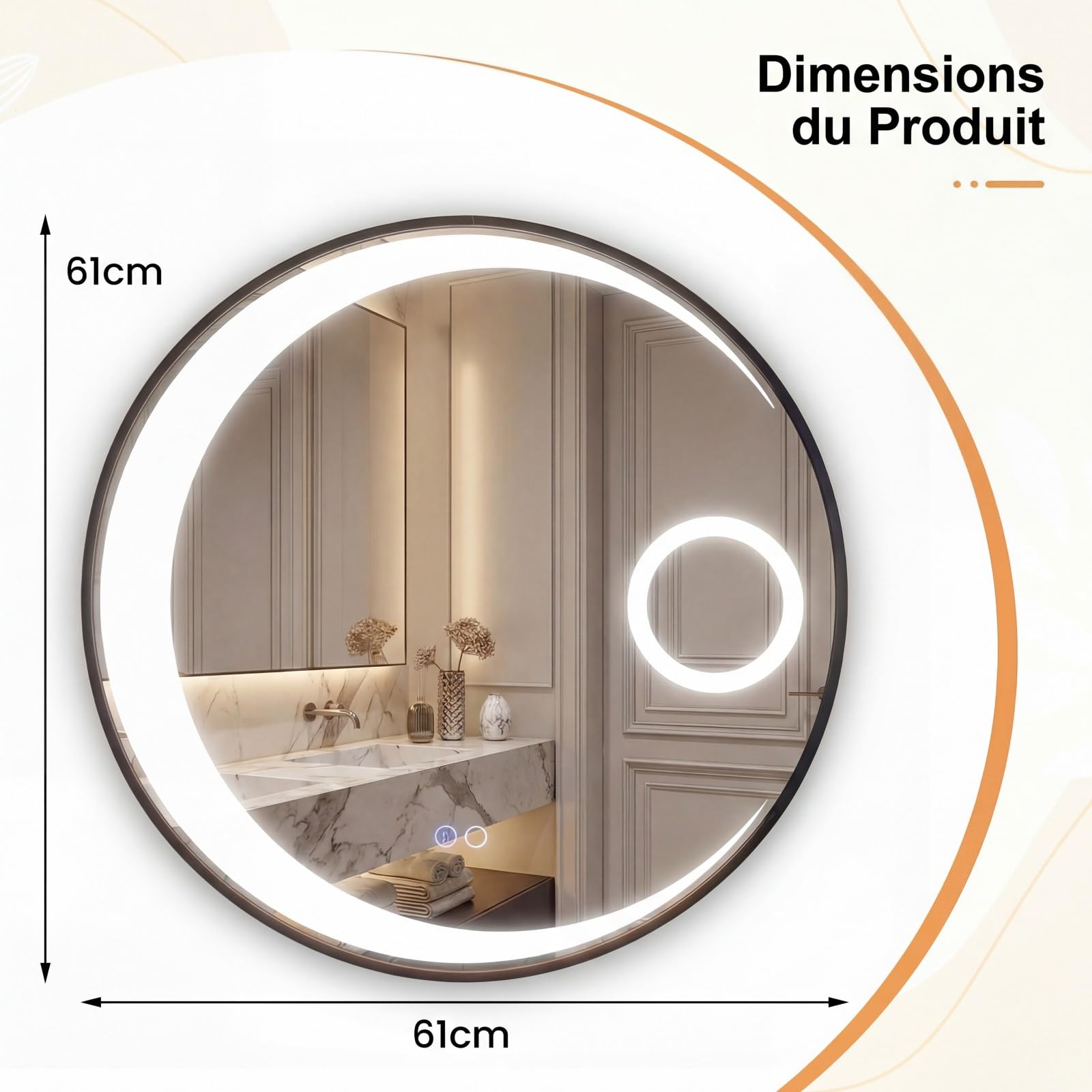 COSTWAY Miroir Salle de Bain avec Eclairage Ø61 cm, Miroir Mural Rond Antibuée, 3 Couleurs de Lumière, Luminosité Réglables, Loupe à Triple Grossissement, Cadre en Aluminium, pour Salle de Bain Hôtel