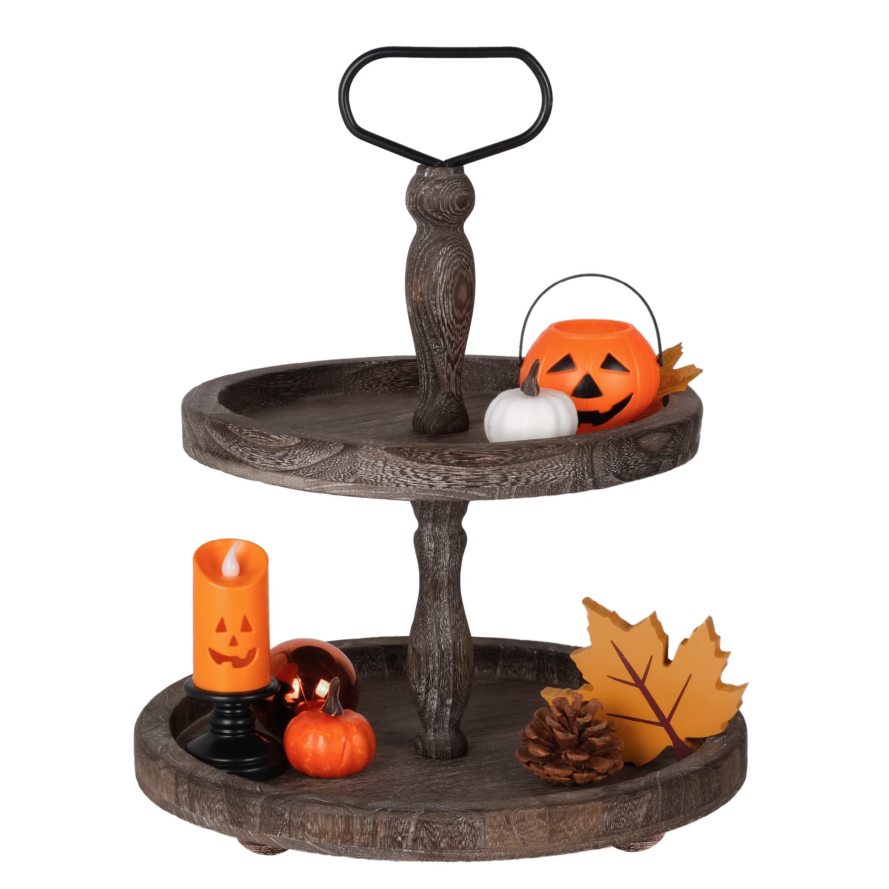 Mustry Rustic Wooden 2 Tiered Tray, Round Farmhouse Kitchen Table Decor Serving Tier Tray, Food Fruits Cupcake Display Coffee Bar Home Party Seasonal Decorations (Brown)