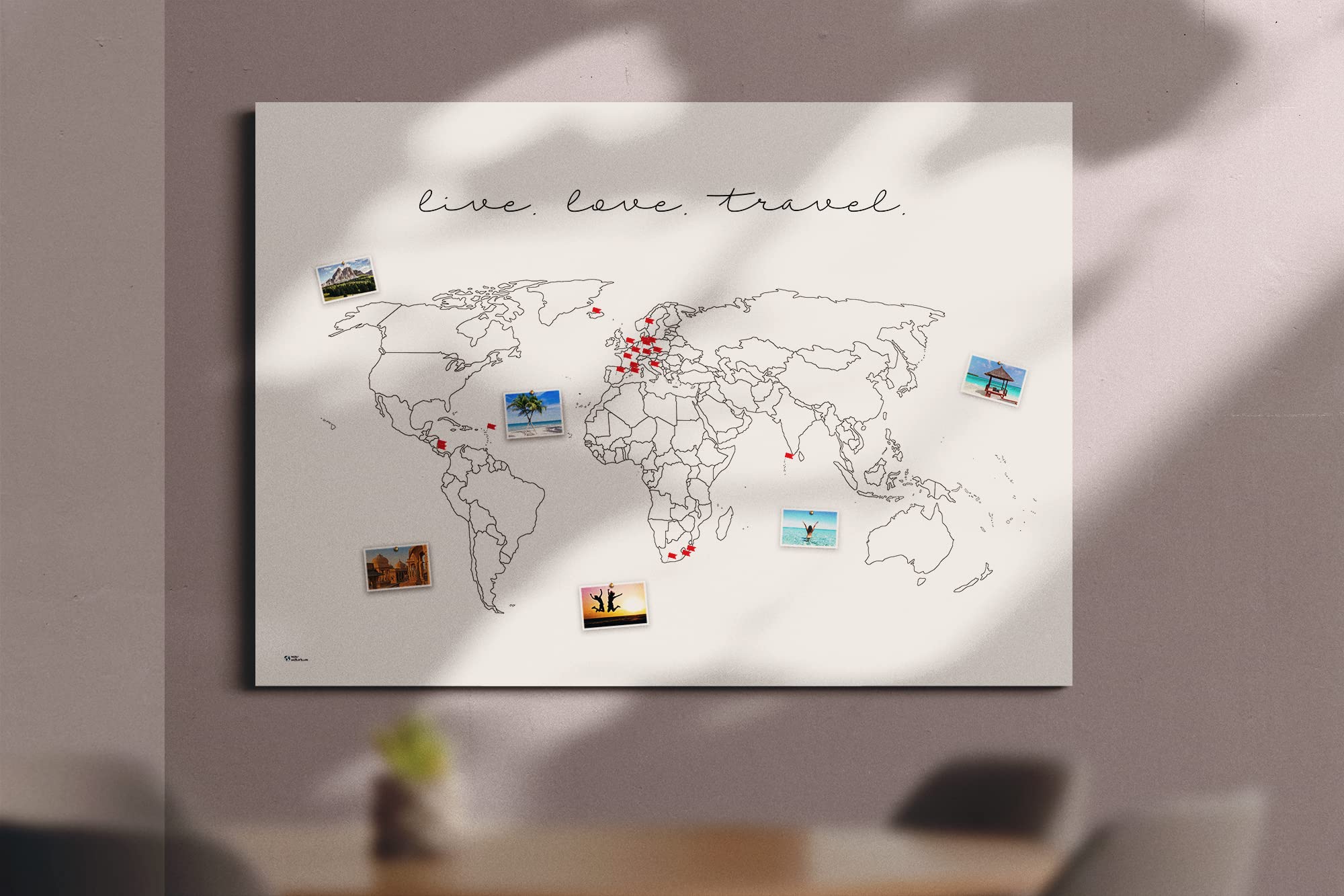 Mapa świata live.love.travel. - Mapa świata do przypinania, wspaniały prezent, ekologiczna, ręcznie wykonana w Niemczech, ultralekka (plakat na płótnie, 60 x 40 cm)