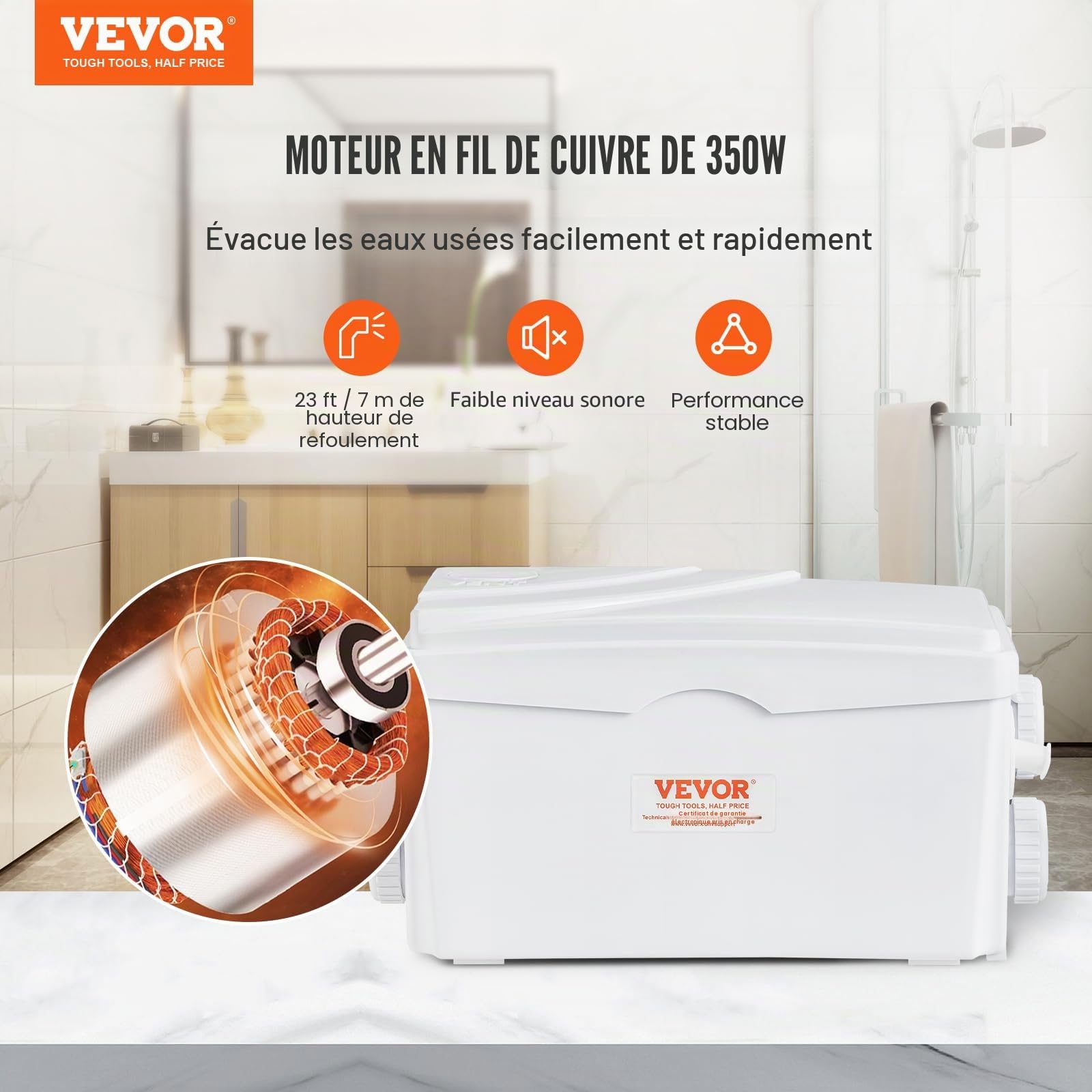 VEVOR Système de levage 350 W Débit 6000 l/h Hauteur de refoulement 7 m Pompe à eaux usées avec 3 entrées d'eau pour cave, cuisine, évier, douche, baignoire, évacuation des eaux usées du linge,