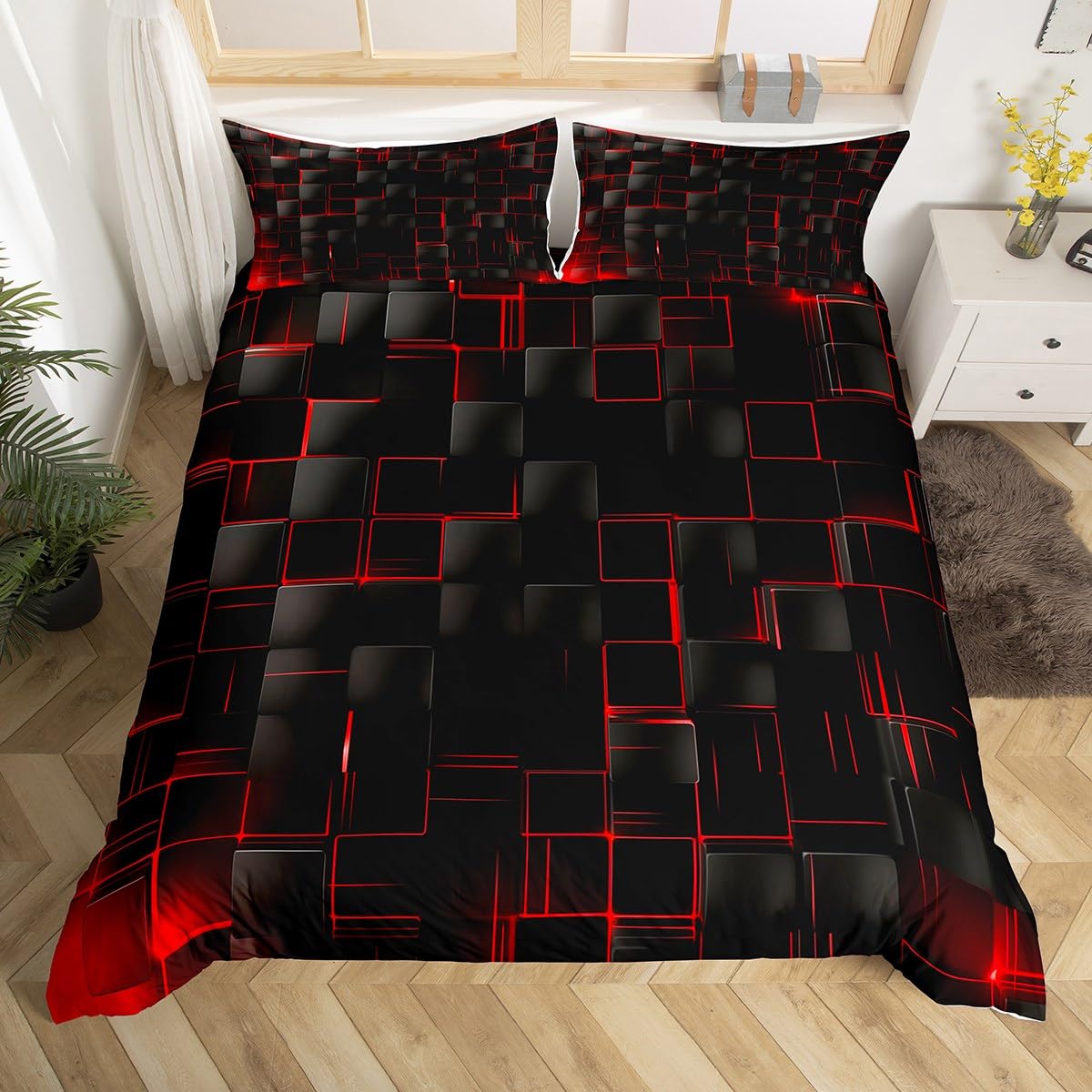 Geometric Grid Duvet Cover Set Queen Size, Red and Black Checkered Bedding Cover, Men Women Room Decor, Modern Abstract Check Plaid Square Bed Sets for All Season, 2 Pillowcases, No Comforter