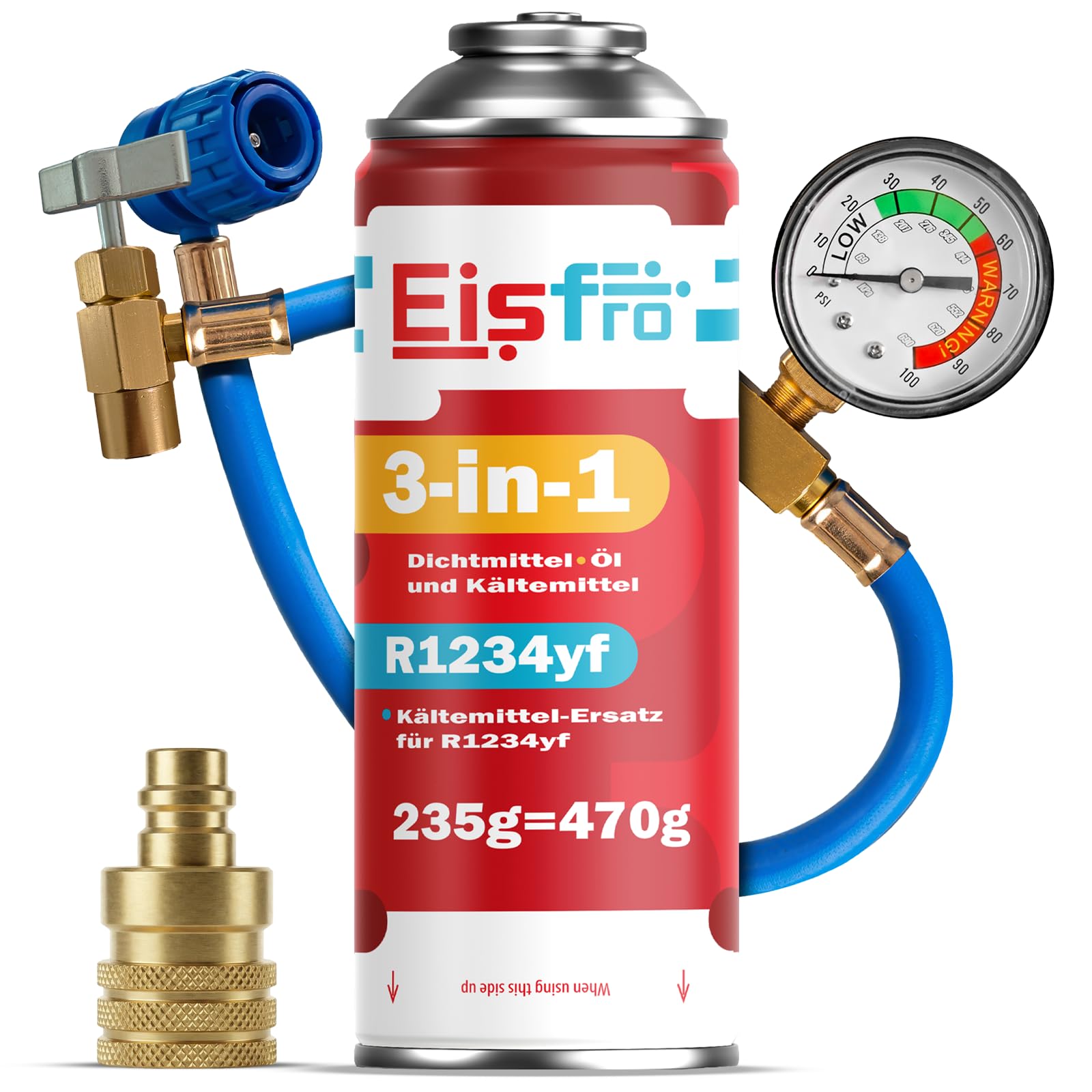 Kit di ricarica climatizzatore auto 3in1 R1234yf – 1x gas 3in1 con tubo e adattatore YF – 235 g