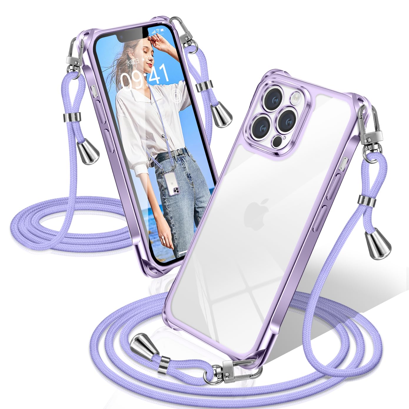 XIOYATY 用の iPhone 13 Pro Max ケース クリア ショルダー 耐衝撃 アイフォン13 Pro Max カバー 透明 クロスボディショルダー 電気メッキ加工 ファッション設計 長さ調整 TPUスマホ ポータブル 落下を防ぐ 四隅の保護 (パープル)