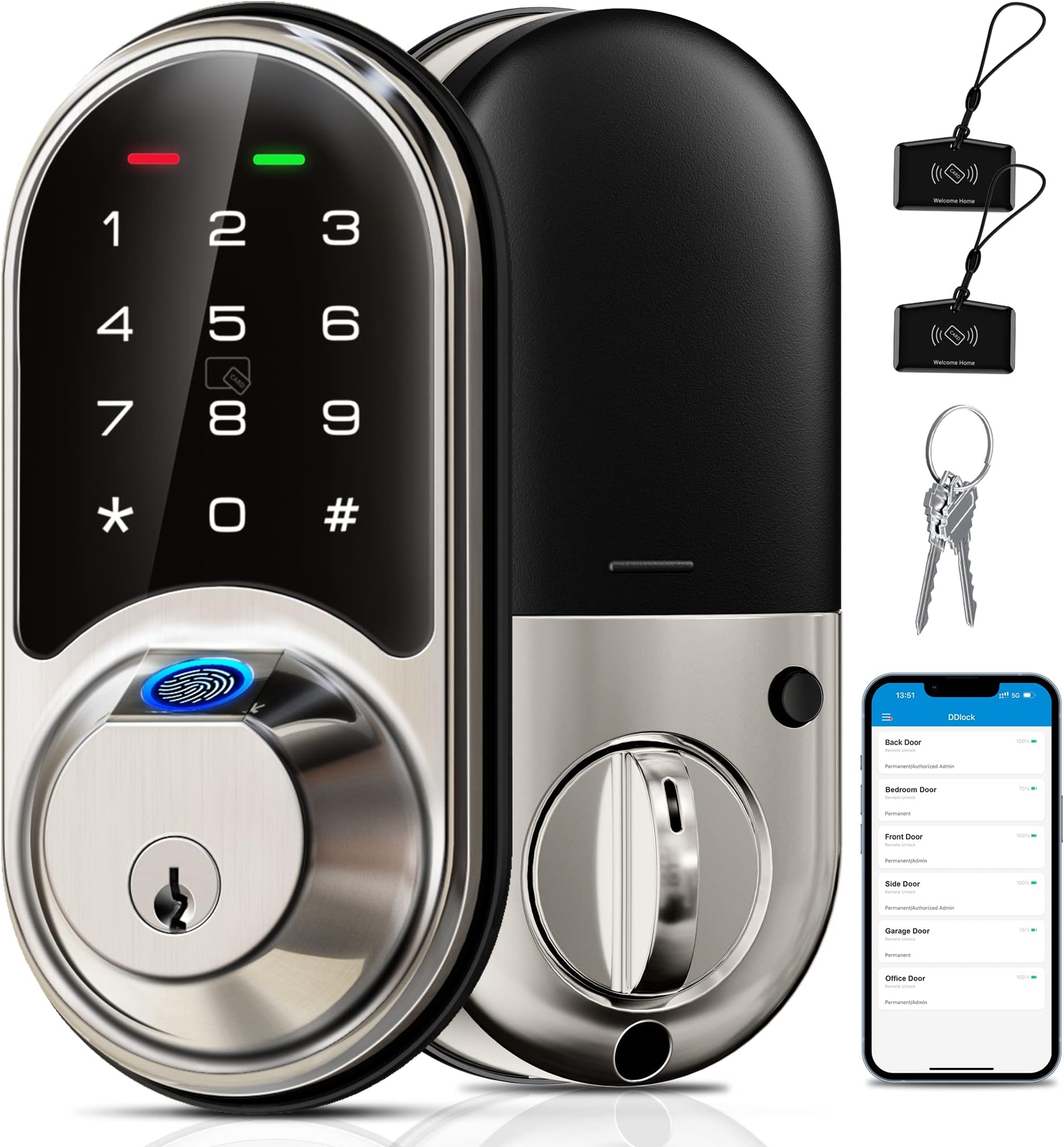 Veise RZ07 Fingerprint Smart Lock, 7-in-1 Smart Locks for Front Door, Keyless Entry Door Lock with App Control, Biometric Electronic Touchscreen Keypad Deadbolt, Satin Nickel