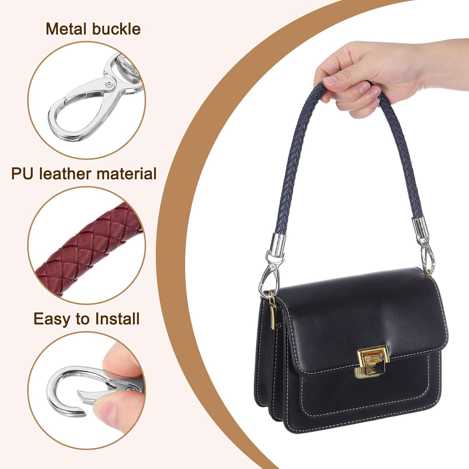 uxcell Leather Purse Strap, 1Pc 50cm/19.69" Short Leather PU Braided Purse Replacement Handle with Metal Buckles for Underarm Bags, Handbags (Dark Red Strap + Silver Clasp) - Image 3