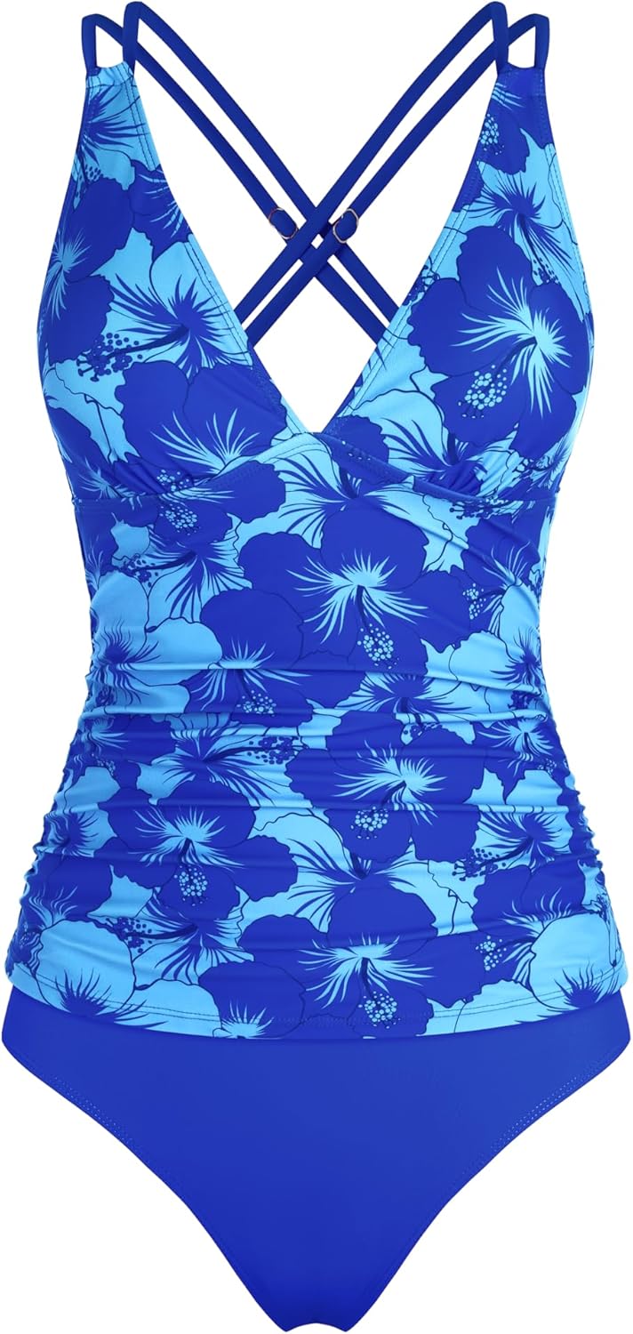 ZAFUL Womens Tankini Swimsuits V Neck Push Up Swim Top Color Block Tummy Control High Waisted Bathing Suits Swim Bottom