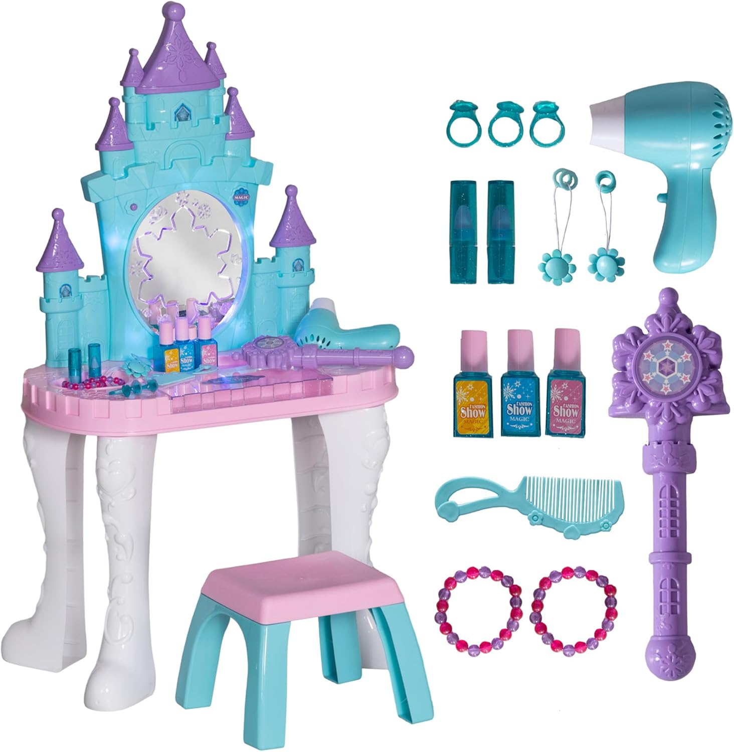 Qaba Kids Vanity Set with Mirror and Stool, Castle Design Makeup Table with Light, Music, Hair Dryer, 18 Accessories, Girls Pretend Play Toys for 3-6 Years, Multicolor