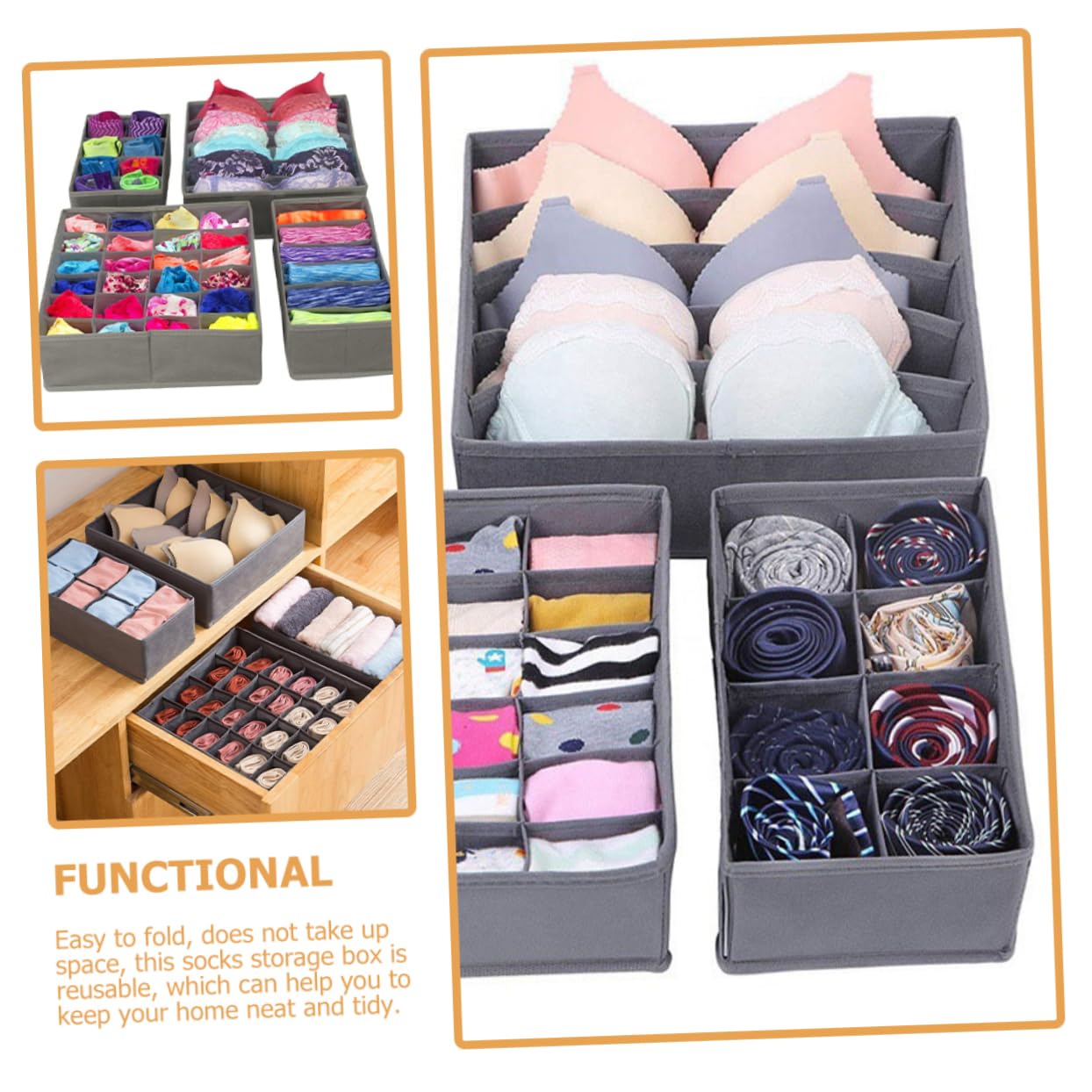 VOSAREA 4pcs Fabric Underwear Drawer Organizer Foldable Storage Boxes for Socks and Underwear Deep Closet Dividers for Efficient Clothing Storage