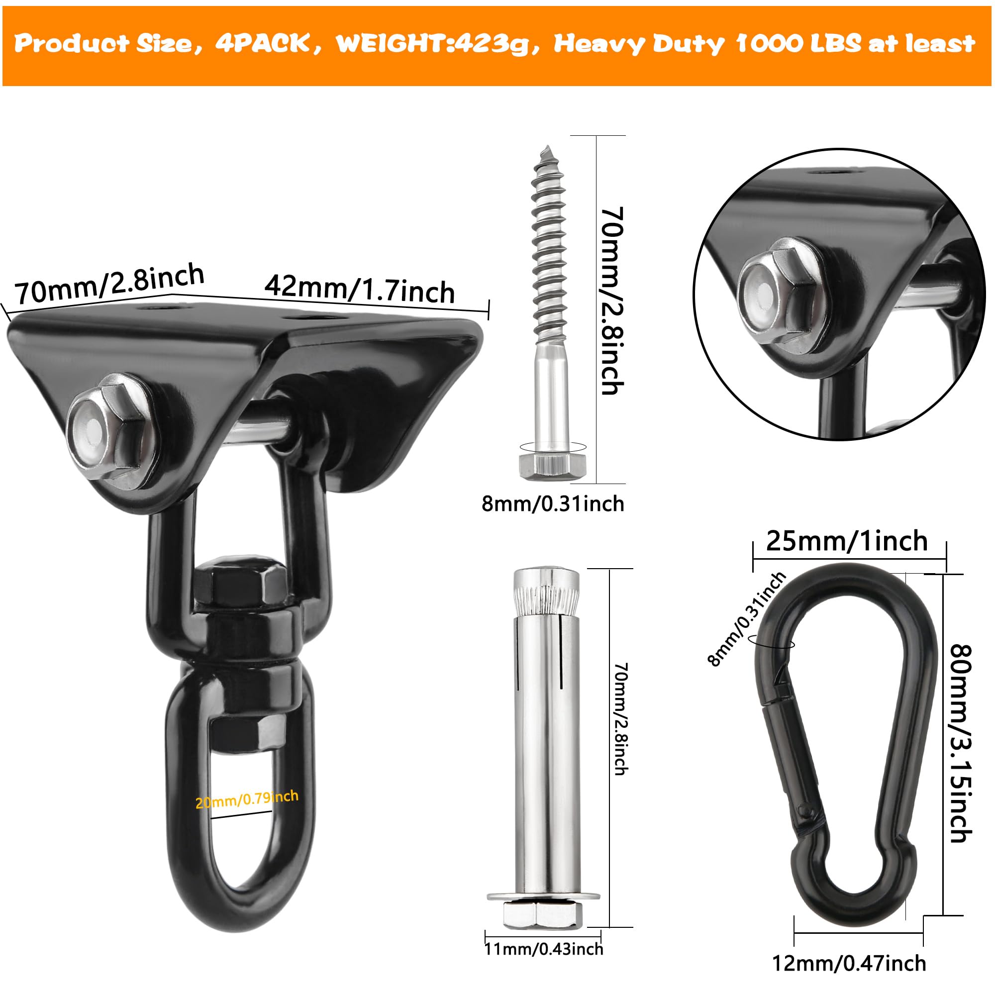 Restroma 4 Pack Heavy Duty Swing Hangers 360 Swivel Stainless Steel Hammock Hook Hardware Kit for Playground, Punching Porch Bag (Color Set 2)