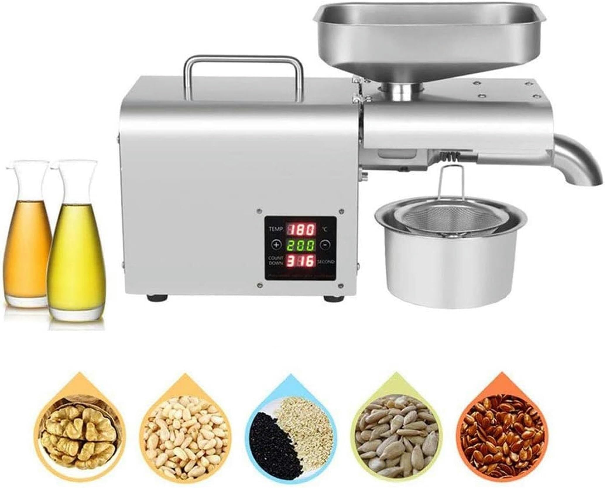 asdchZen Automatic Oil Press Machine Stainless Steel Cold, Hot Oil Expeller Healthy Oil Extractor Commercial & Home For Nut Corn Coconut Peanut Sunflower Seeds Digital Control 3-6