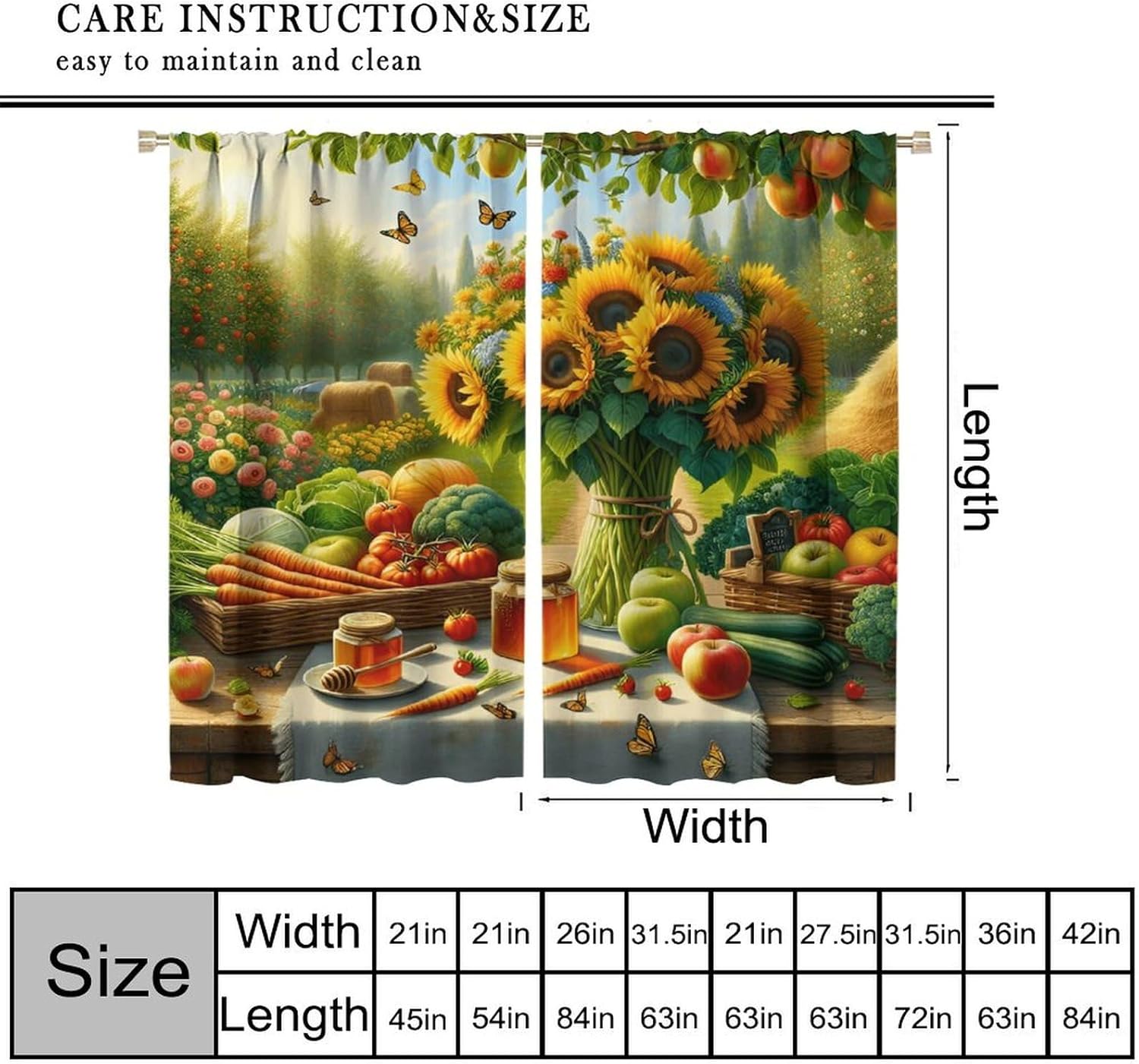 Farmhouse Fruit Garden Curtains, Rustic Vintage Sunflowers Apple Trees Fresh Vegetable Honey Window Curtains for Kitchen Cafe Bedroom, 42x54in (No Blackout)