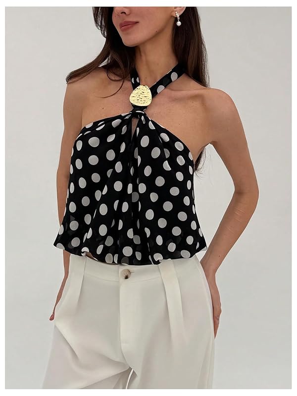 MakeMeChic Women's Polka Dots Halter Crop Tops Open Back Going Out Top by MakeMeChic - Used condition - Image 5