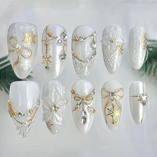 10Pcs Christmas Press on Nails Medium Almond Handmade Fake Nails 3D White Flower with Gold Bow Glue on Nails Full Cover Cute Designs Snowflake False Nails Glitter Stick on Nail for Winter Manicure