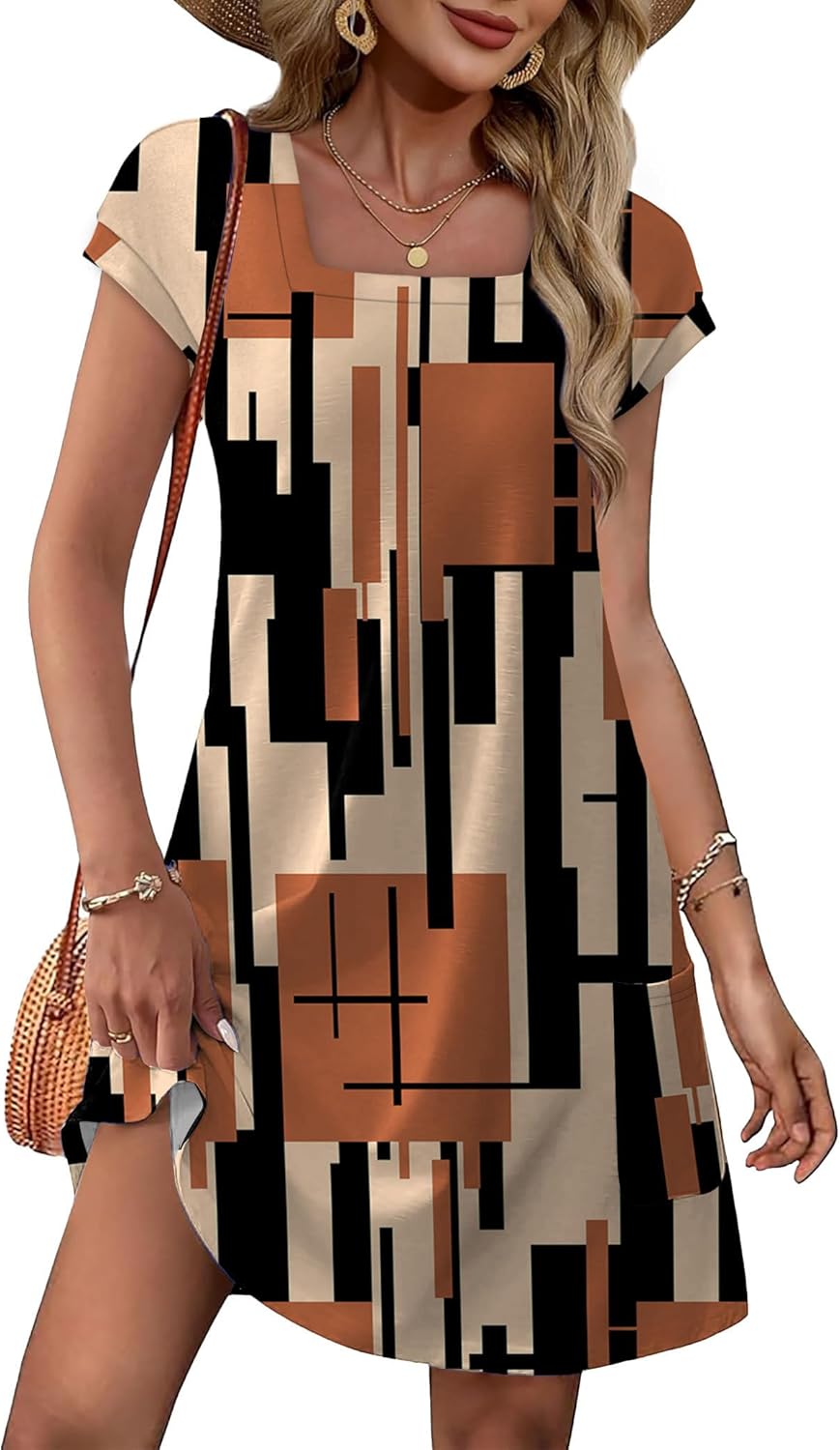 OFEEFAN Summer Dresses for Women 2026 Loose Square Neck Cap Sleeve Casual Beach Vacation Tshirt Dress Sundresses with Pockets - Image 2