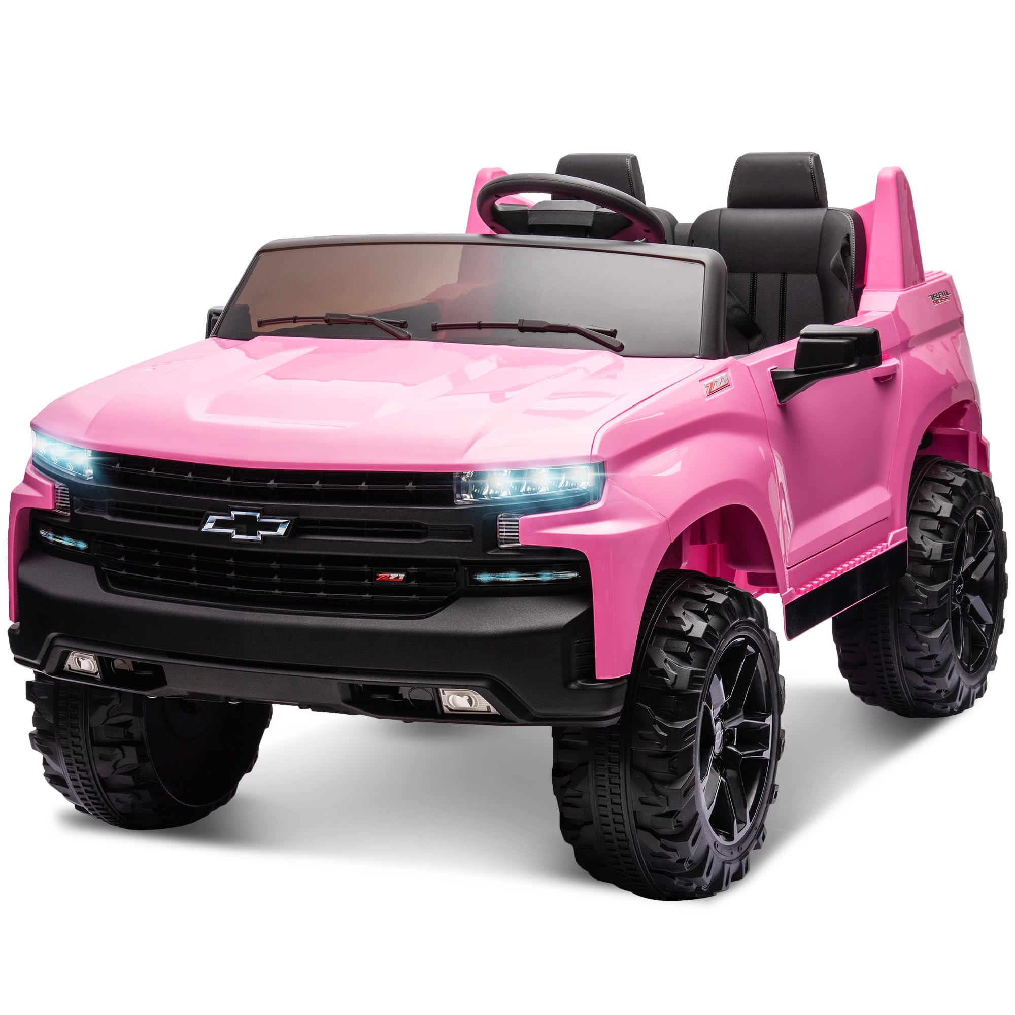 24V 2 Seater Ride On Truck Car, Compatible for Chevrolet Silverado Battery Powered Electric Car for Kids w/Remote Control, Metal Suspension, Soft Start, FM/Bluetooth/Music, LED Lights, Pink