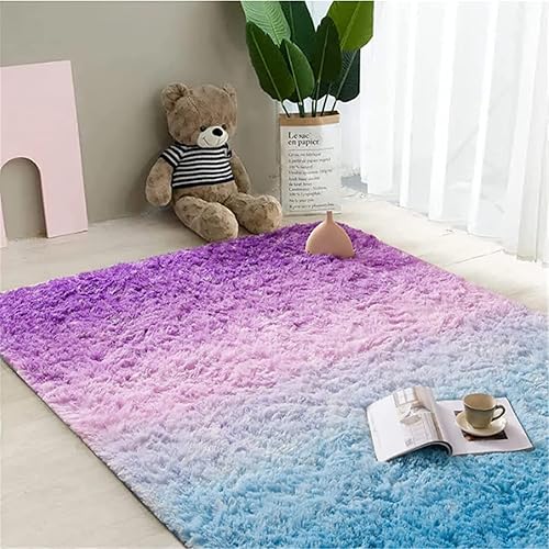 Vista 21 de Meeting Story Alfombras de área de color arcoíris, alfombras peludas de teñido anudado, suaves y mullidas para niñas, sala de estar, dormitorio