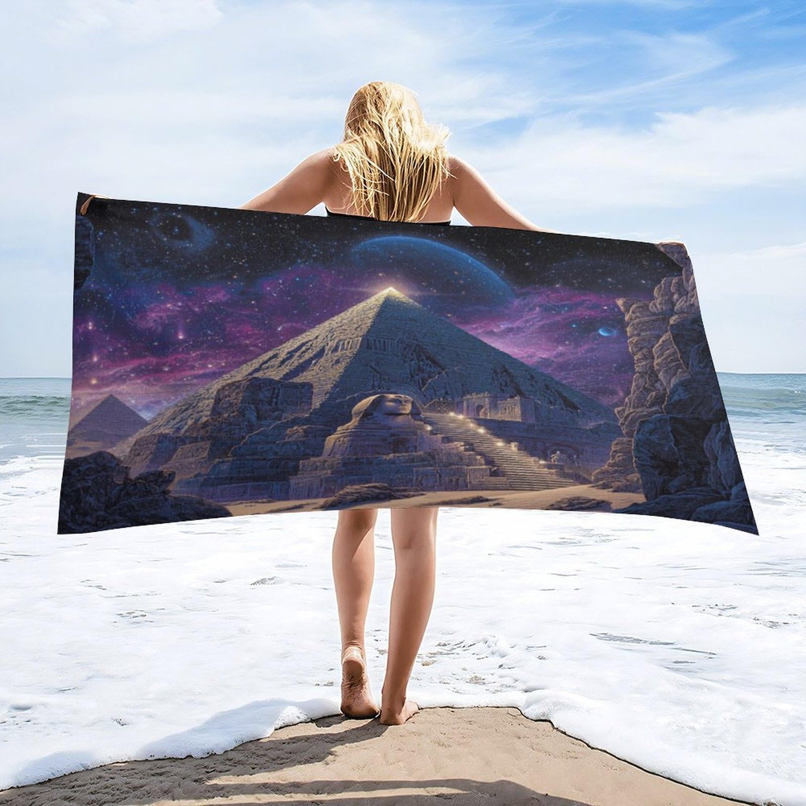 Luyysky Vintage Aesthetic Pyramid Egypt Absorbent Beach Towel, Rustic Beautiful Starry Starry Sky Galaxy Egyptian Outdoor Single-Sided Velvet Beach Towel-80 W Cm X 160" L Cm