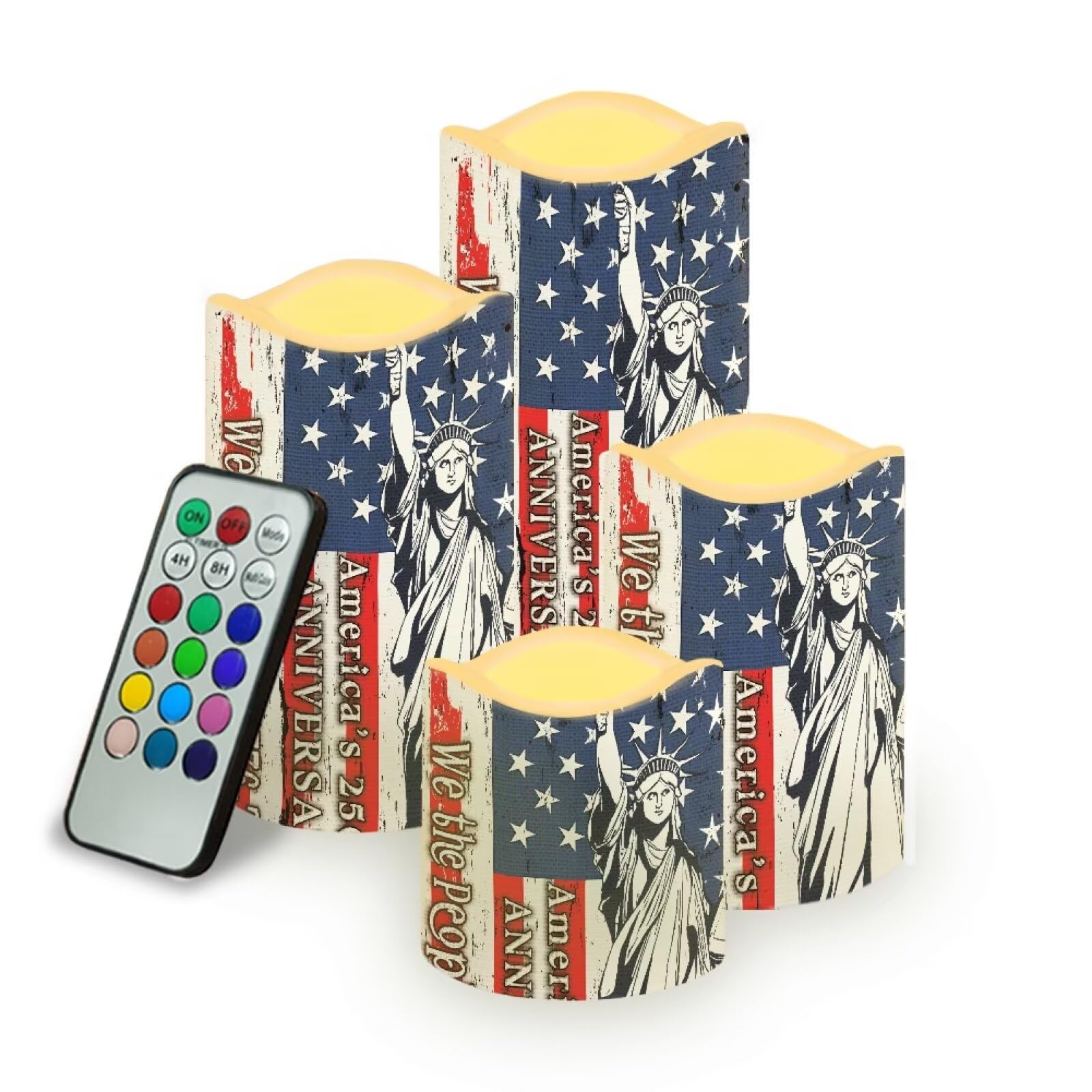 Statue of Liberty Flameless Candle 250th Anniversary Led Lights with Battery Operated Remote Control American Flag Independence Day Candles for Vintage Room Decor, 4 Pack