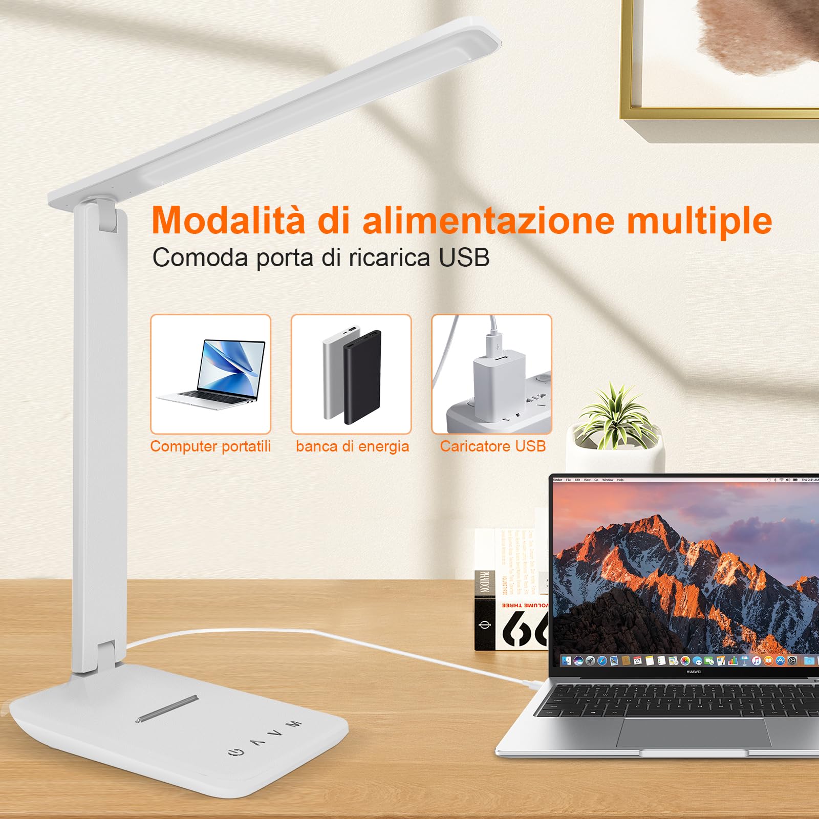 MAKA Lampada Da Scrivania LED 60W Con Braccio Orientabile 3 Snodi, Dimmerabile E Porta USB – Bianca