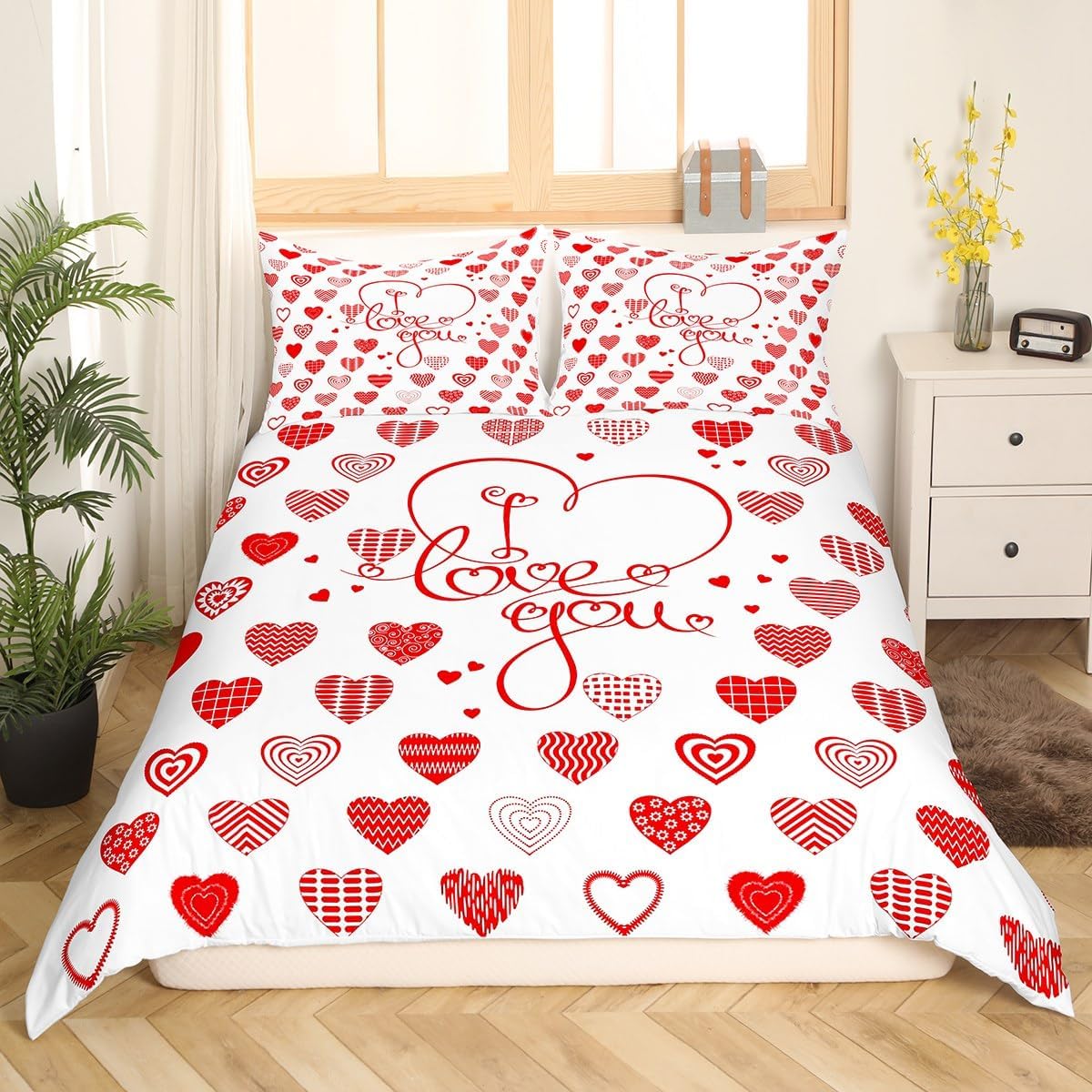 jejeloiu Kids Heart Love Bedding Set Twin Size Geometric Love Pattern Duvet Cover for Boys Girls Teens Bedroom Decor Romantic Comforter Cover Set Day of Love Red Bedspread Cover with 1 Pillow Case