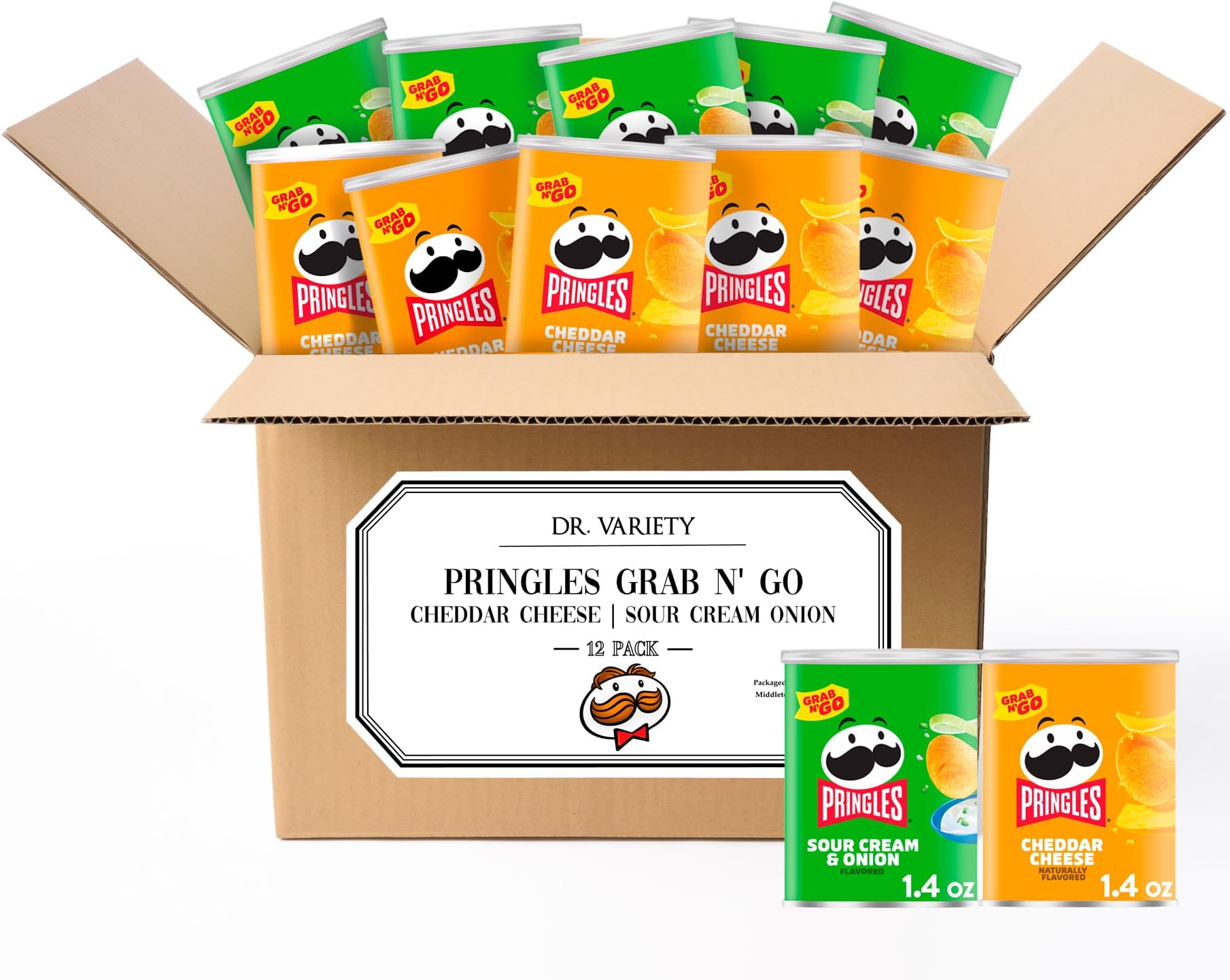 Pringles Potato Crisps Chips, Kids Lunch Snacks, Grab N' Go - Cheddar Cheese & Sour Cream Onion (12 Cans)