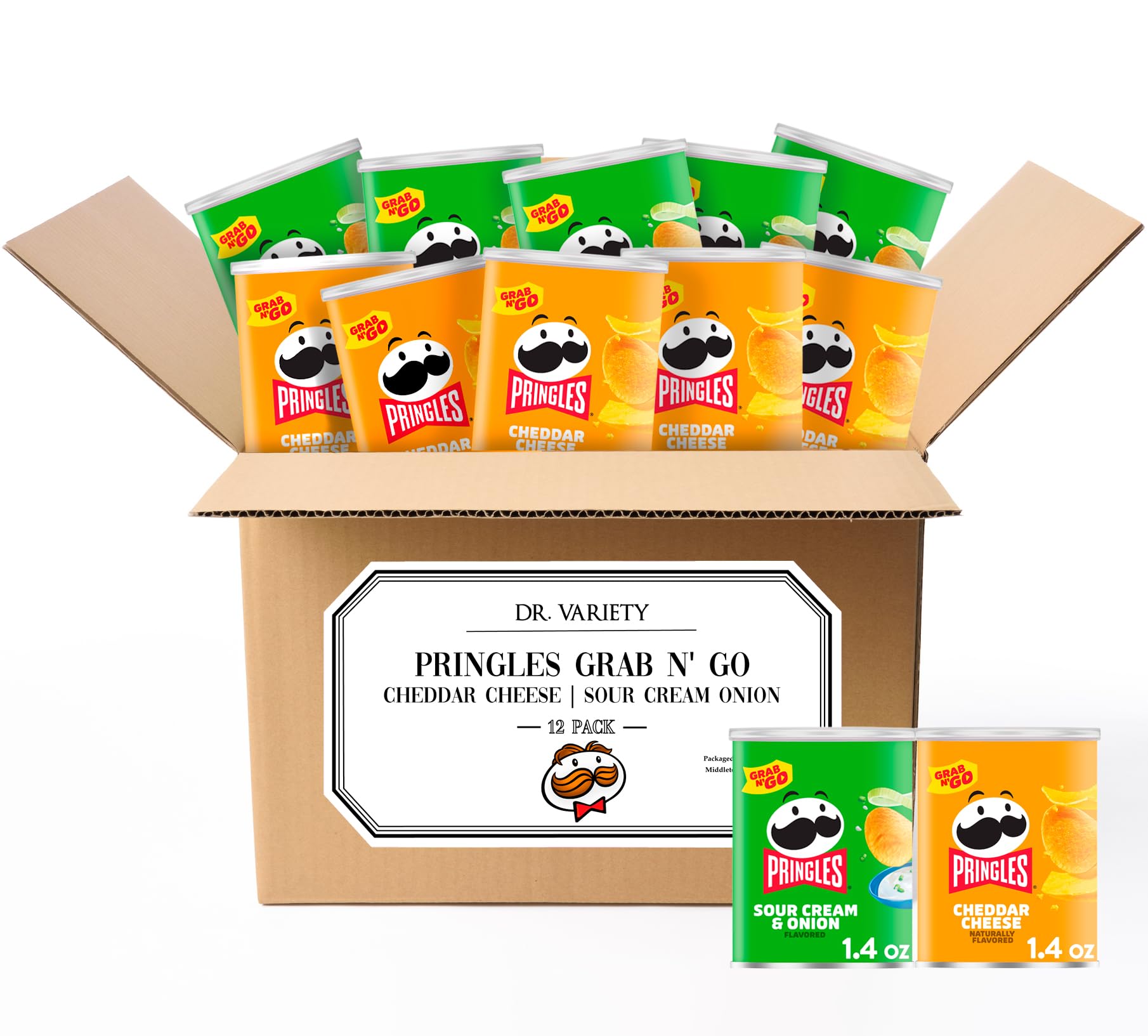 Pringles Potato Crisps Chips, Kids Lunch Snacks, Grab N' Go - Cheddar Cheese & Sour Cream Onion (12 Cans)