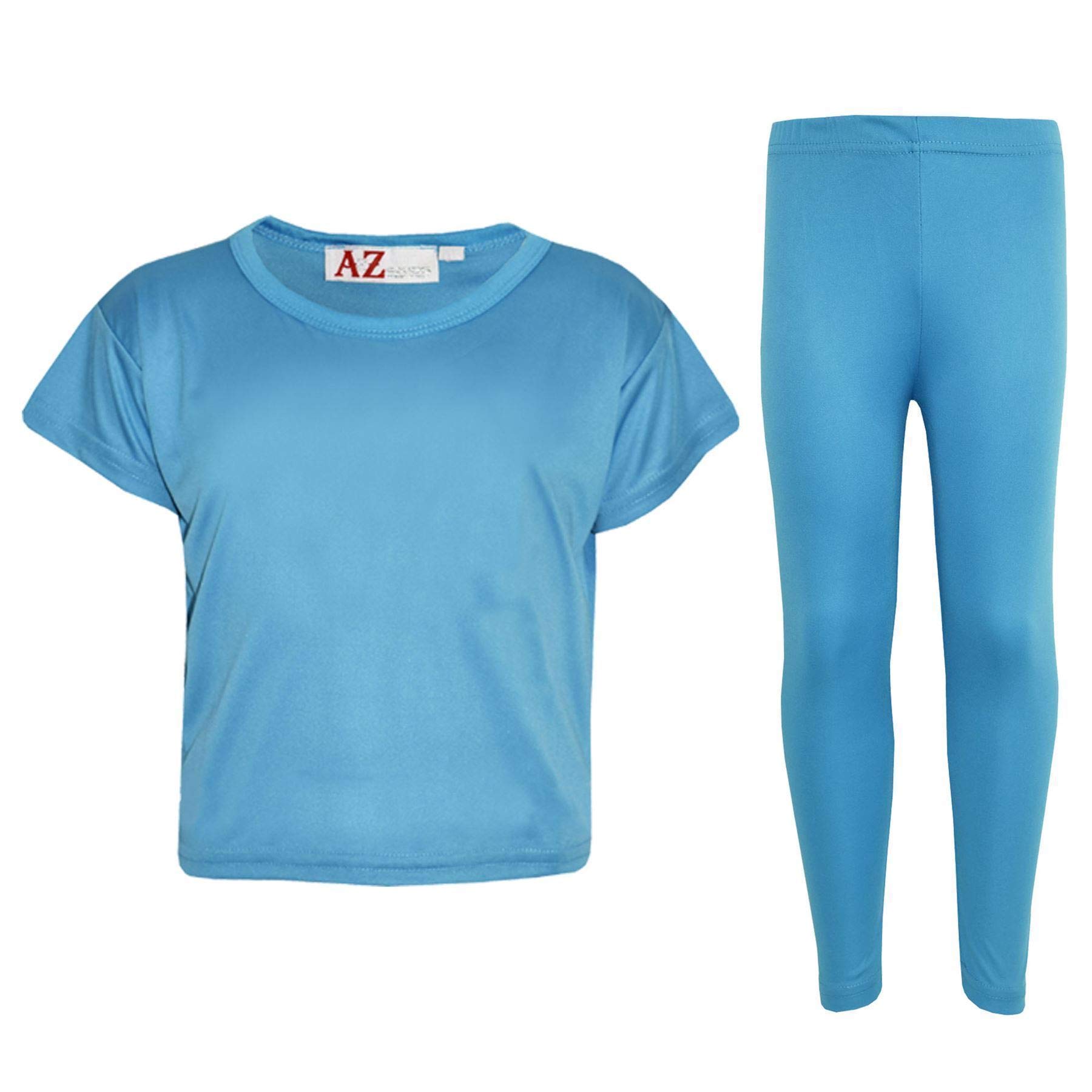 A2z 4 Kids Girls Turquoise Kids T Shirt Tops & Fashion Legging Set - New Crop Top Plain Leg Turq 5-6