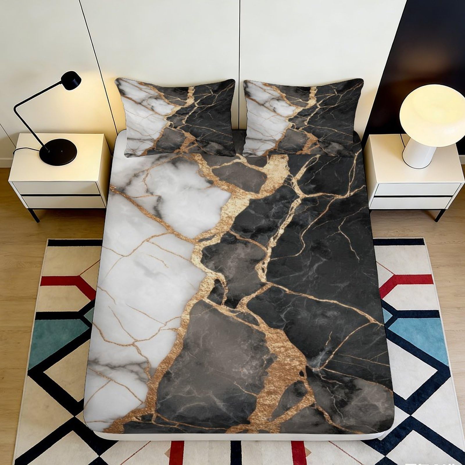 3D Printed Marble Pattern Fitted Sheet Microfiber Deep Pocket Bedding Marble Mattress Fitted Cover Non-Slip Washable 140x200x25cm