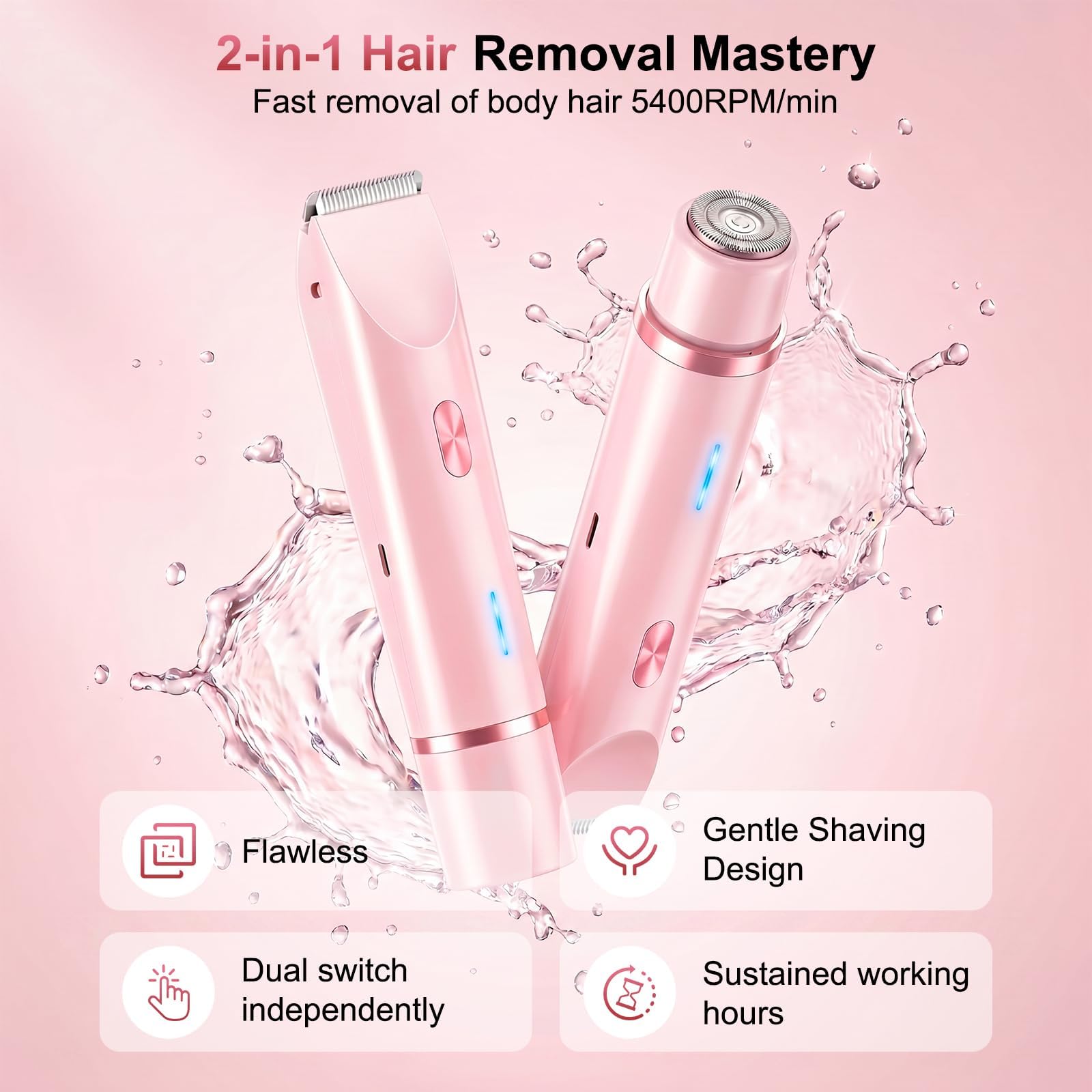 Rasoio elettrico 2 in 1 per bikini da donna, colore rosa