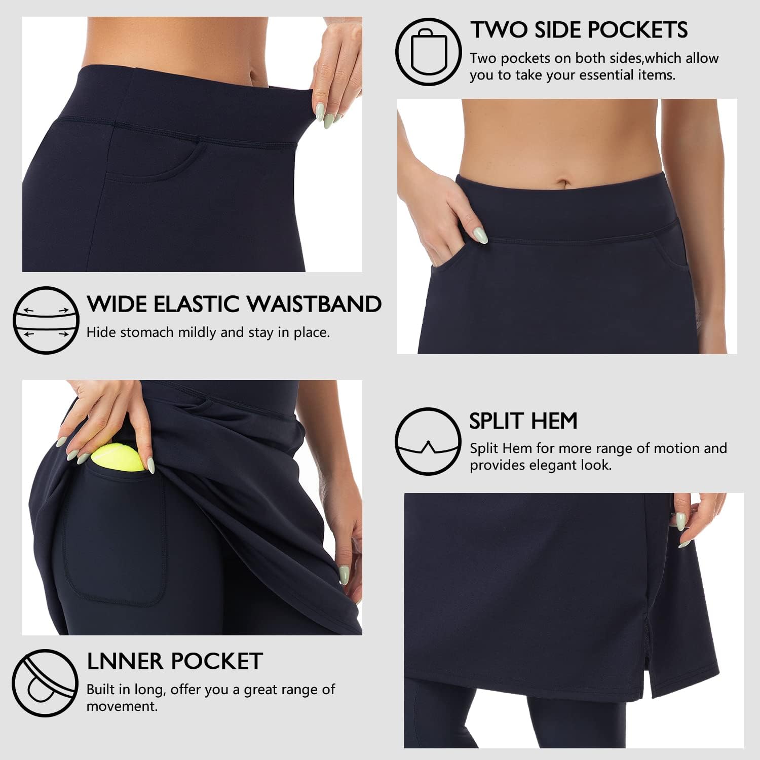 WOWENY Womens 20'' Knee Length Tennis Skirts Athletic Long Golf Skorts Skirts with Inner Shorts Pockets - Image 3