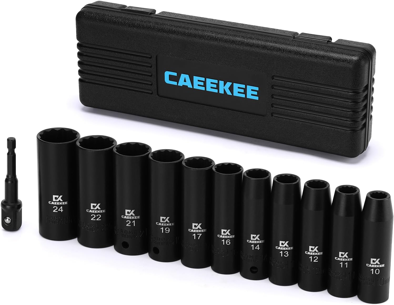 12-Piece 1/2" Drive Deep Impact Socket Set, Metric (10mm - 24mm), 12-Point, Cr-V Steel, Includes Drill Socket Adapter