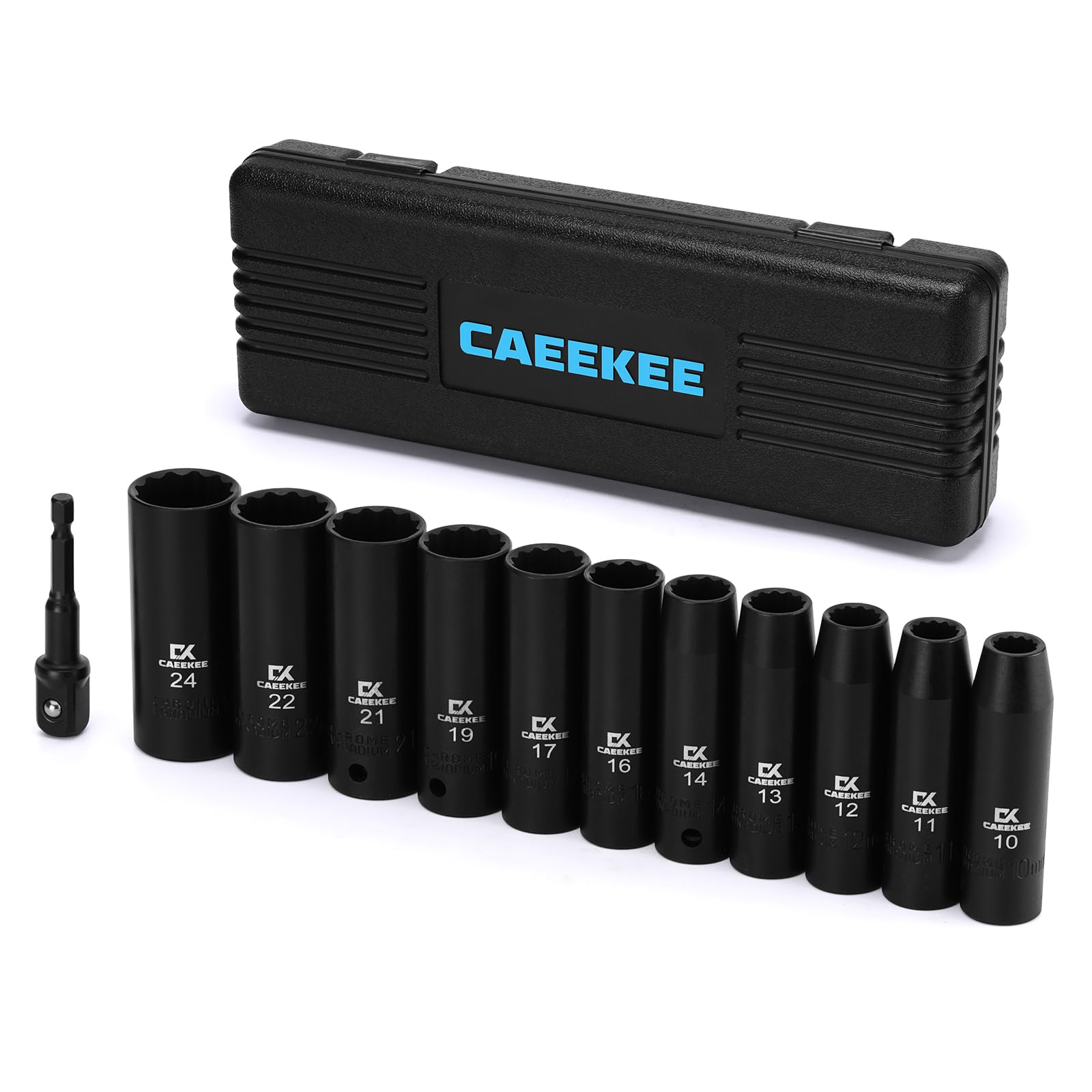 CaeeKee 12-Piece 1/2" Drive Deep Impact Socket Set, Metric (10mm - 24mm), 12-Point, Cr-V Steel, Includes Drill Socket Adapter