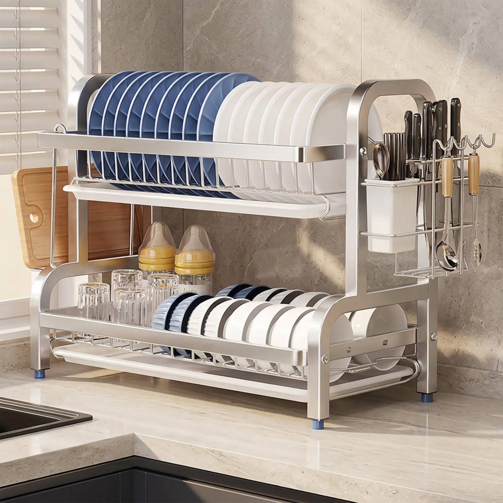 Scolapiatti,2 livelli in acciaio inox,piano cucina,con vassoio acqua