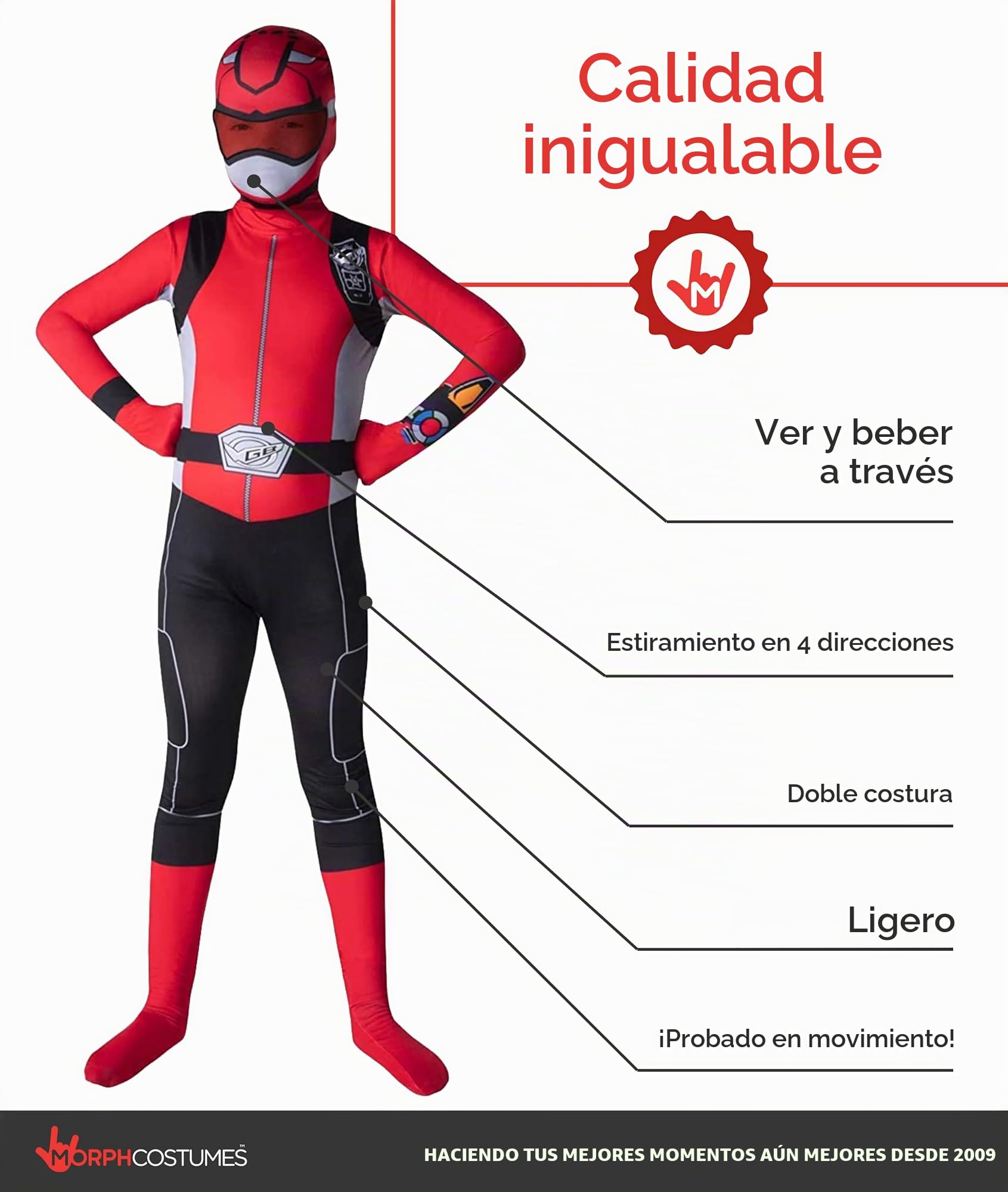 Morphsuits Disfraz Power Ranger Niño, Disfraz Halloween Niño | Mono Integral Rojo con Capucha & Visera, Cierre de Cremallera, Perfecto para Halloween, Ideal para Cosplay
