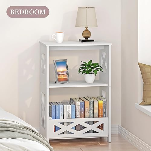 Miniatura 2 de Juego de 2 mesas auxiliares de 3 niveles, mesa auxiliar pequeña con estante de almacenamiento, mesita de noche blanca, mesita de noche, estantería