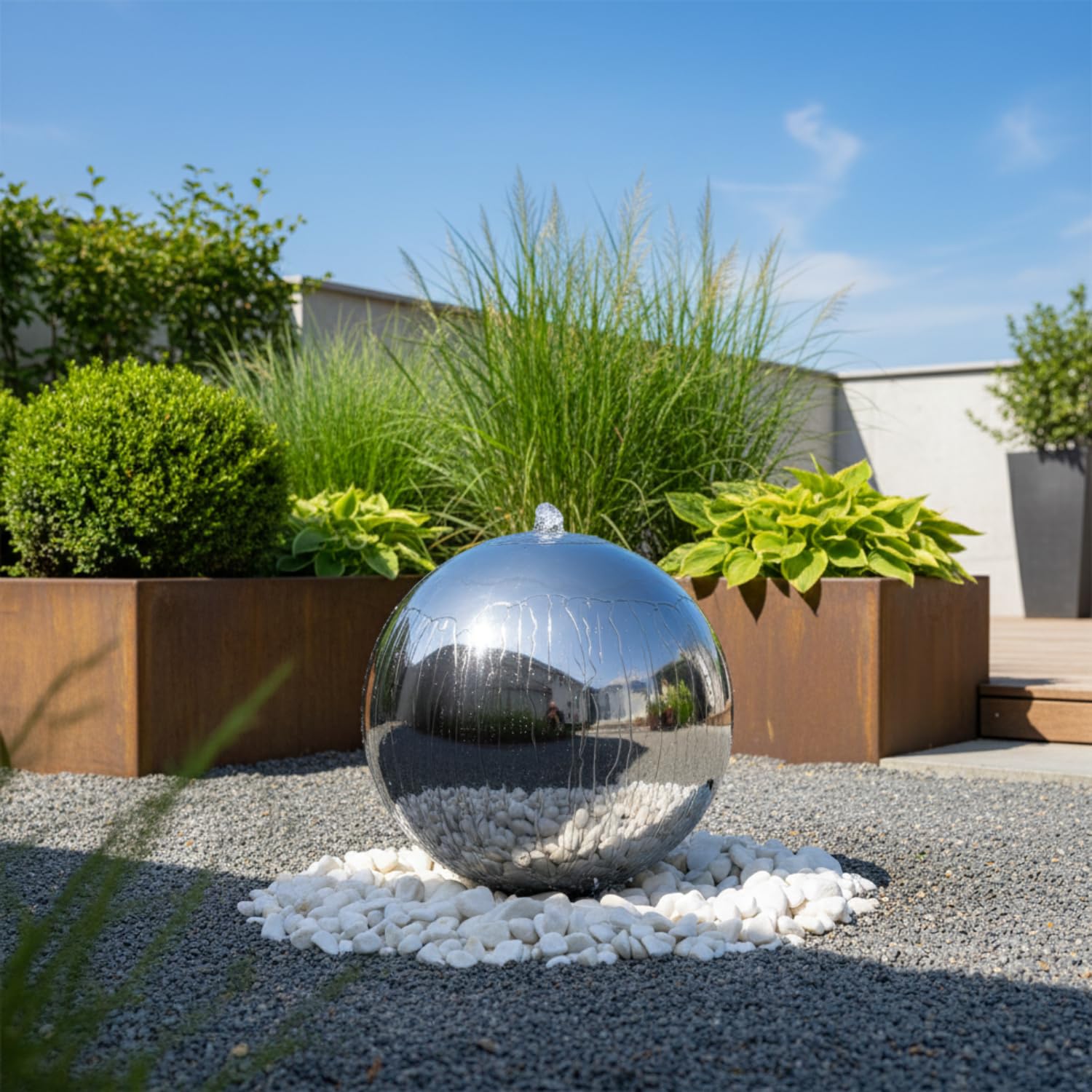 CLGarden Solar Gartenbrunnen für außen 48 cm Edelstahl Kugel poliert, Solarpumpe mit Akku & LED Beleuchtung, Springbrunnen