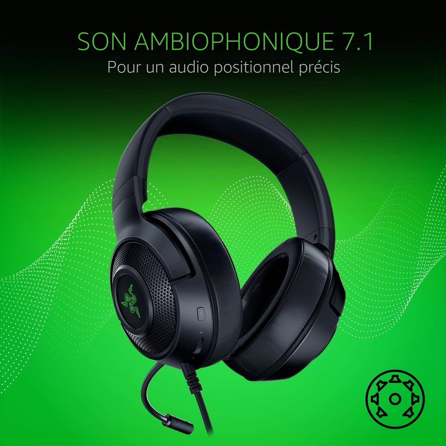 Razer Kraken X Casque de Jeu Ultra-léger USB : Son Surround 7.1 - Cadre léger - éclairage Logo Vert - Commandes Audio intégrées - Microphone cardioïde Pliable - pour PC - Noir Classique