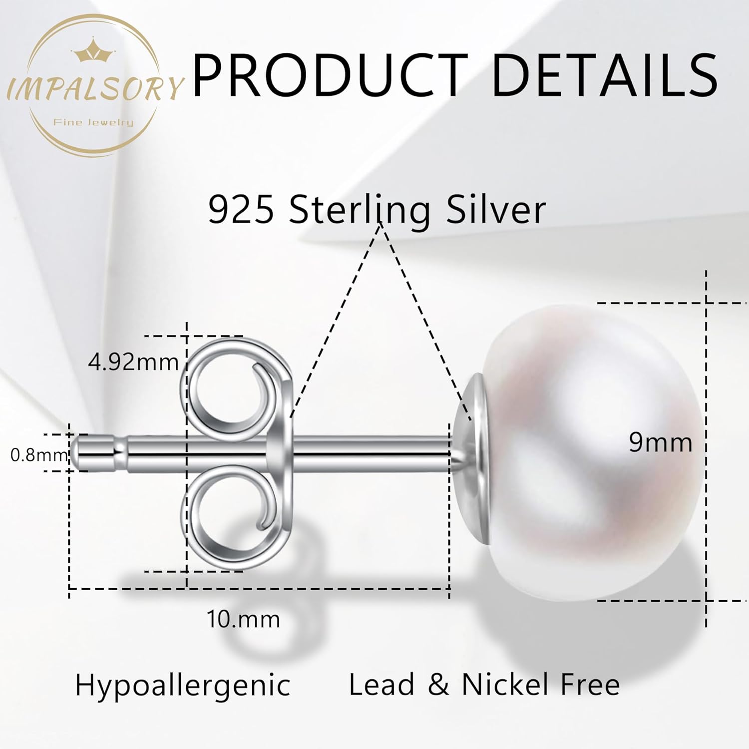 Handmade Pearl Earrings, Sterling Silver White Button Freshwater Cultured Pearl Stud Earrings for Women