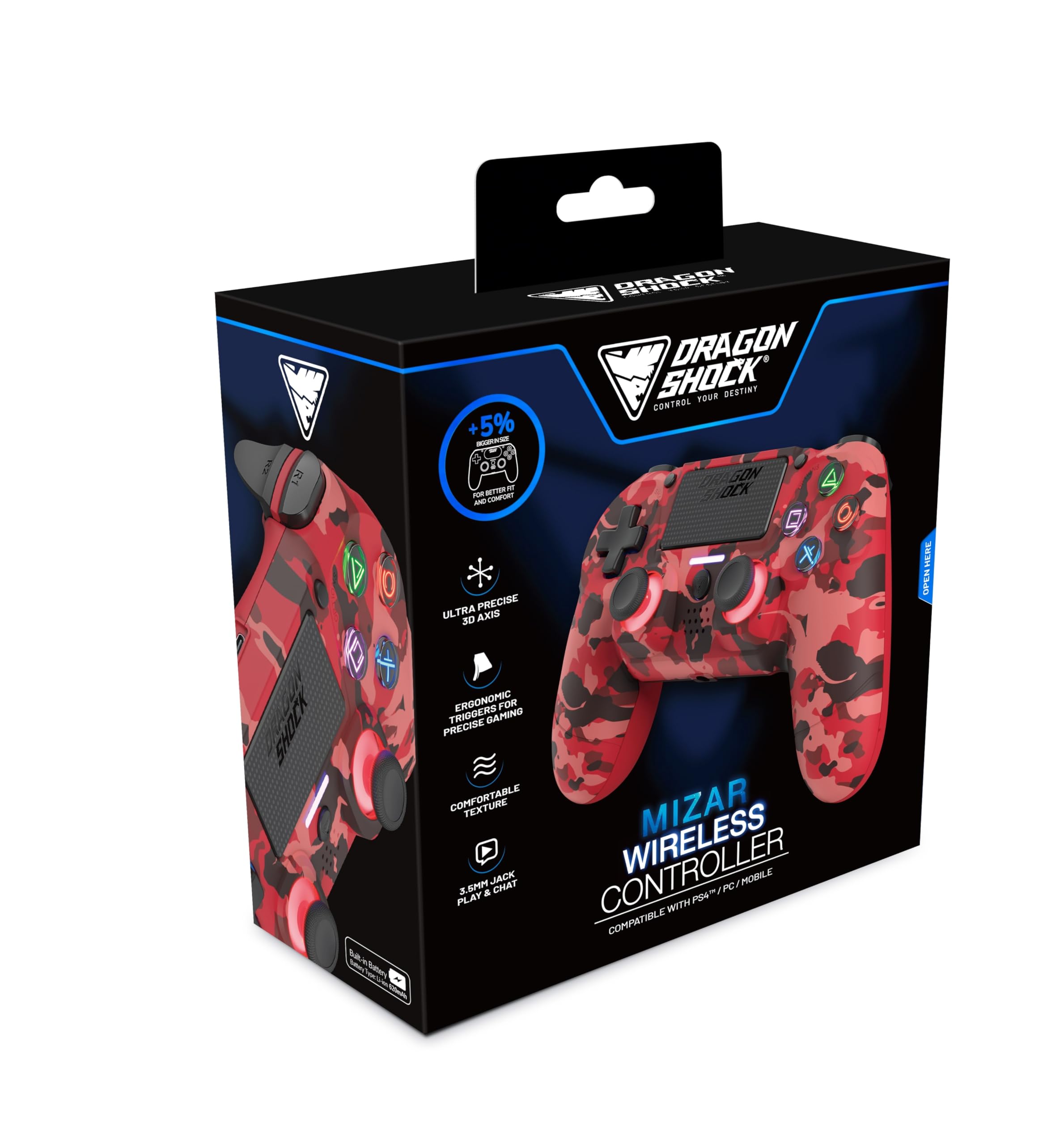 DragonShock Mizar bezprzewodowy kontroler Bluetooth do PS4, PC i telefonów komórkowych, czerwony camo