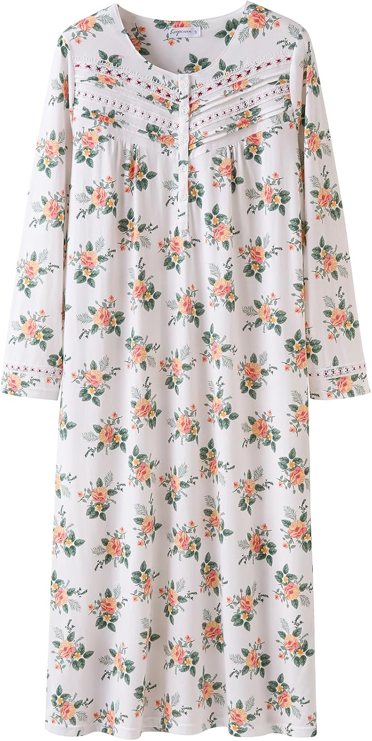 Keyocean Nightgowns for Women, Soft 100% Cotton Knit Nightgowns, Comfy Long-Sleeve Ladies Sleepwear Gown for Mom