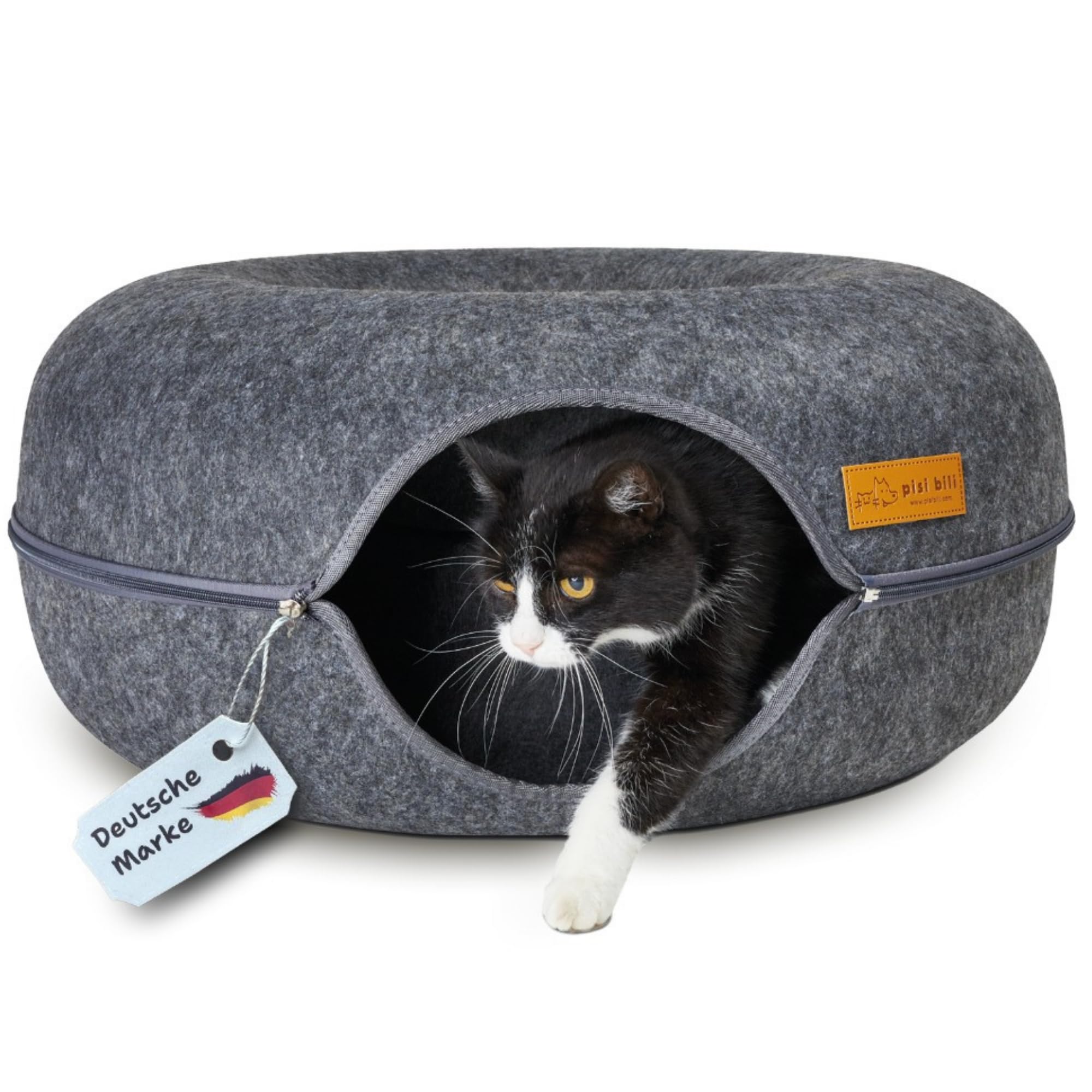 Katzentunnel aus Filz, Rundes Katzenbett & Katzenhöhle 50/60 cm – Katzendonut in Grau & Anthrazit, Katzenbett Spieltunnel für Katzen