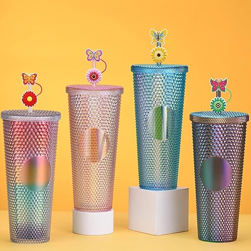 Miniatura 4 de CEWEWP Tapa de paja con diseño de flores de mariposa, 10 piezas de bonitas puntas de popote de silicona reutilizables, adornos para popotes para