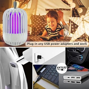 Mosquito Killer Lamp, Portable Mini Fly Killer Electric Bug Zapper, 360° UV Killing Lamp Portable USB Power 2 in 1 Zapper Night Light for Indoor Outdoor Home Office Garden Backyard