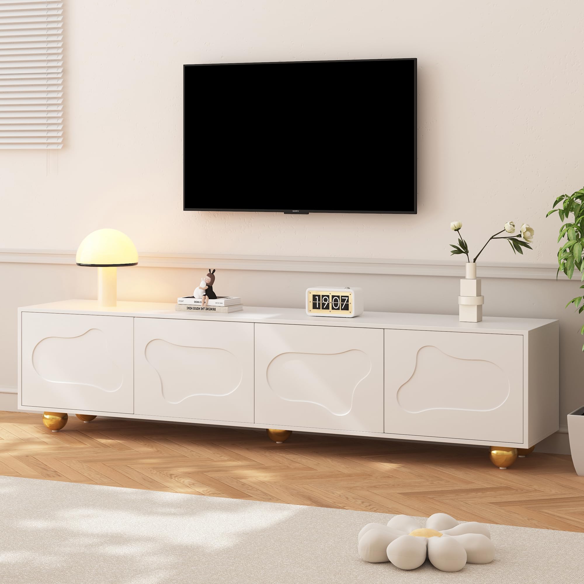 Mesa para salón moderna de 180 cm: un mueble de TV blanco con exclusivo diseño nube
